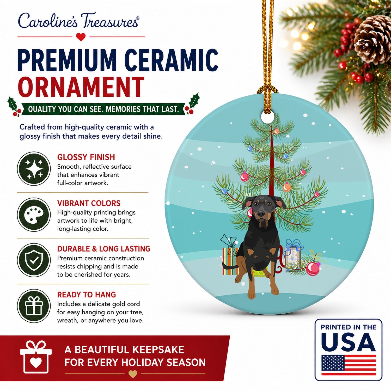 Rottweiler Black and Tan #5 Christmas Ceramic Ornament Christmas Tree Hanging Decorations for Home Christmas Holiday, Party, Gift, 3 in, Multicolor
