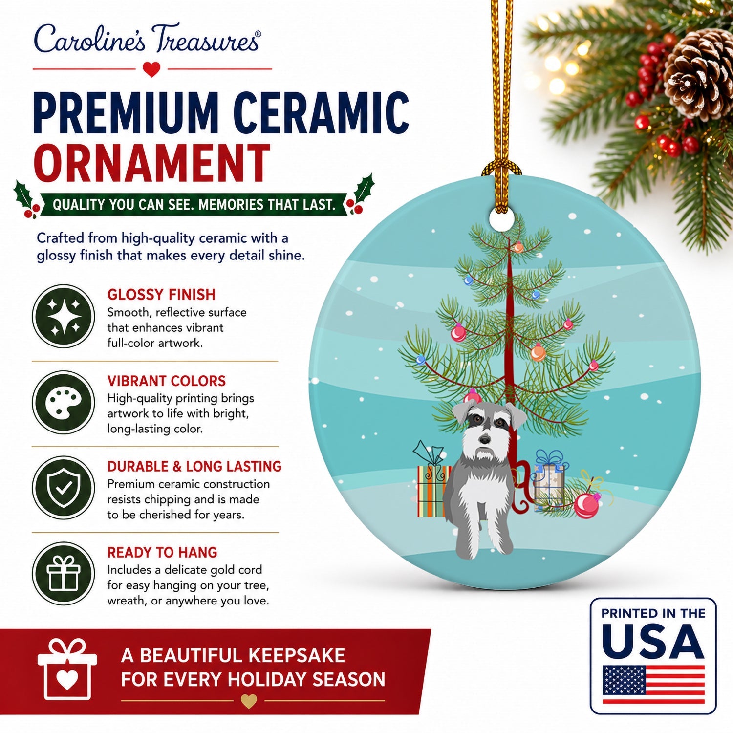 Schnauzer Salt and Pepper #1 Christmas Ceramic Ornament Christmas Tree Hanging Decorations for Home Christmas Holiday, Party, Gift, 3 in, Multicolor