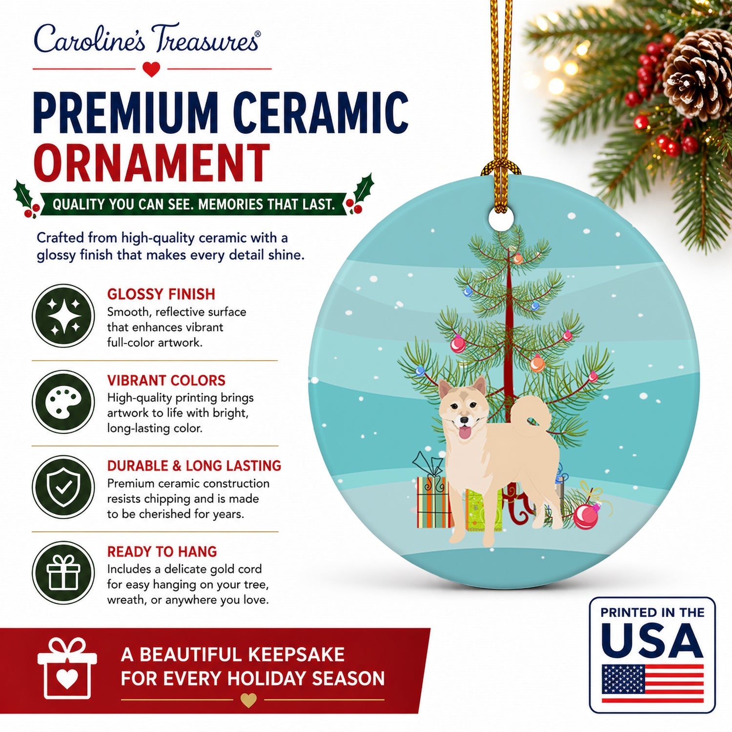 Shiba Inu Cream #1 Christmas Ceramic Ornament Christmas Tree Hanging Decorations for Home Christmas Holiday, Party, Gift, 3 in, Multicolor