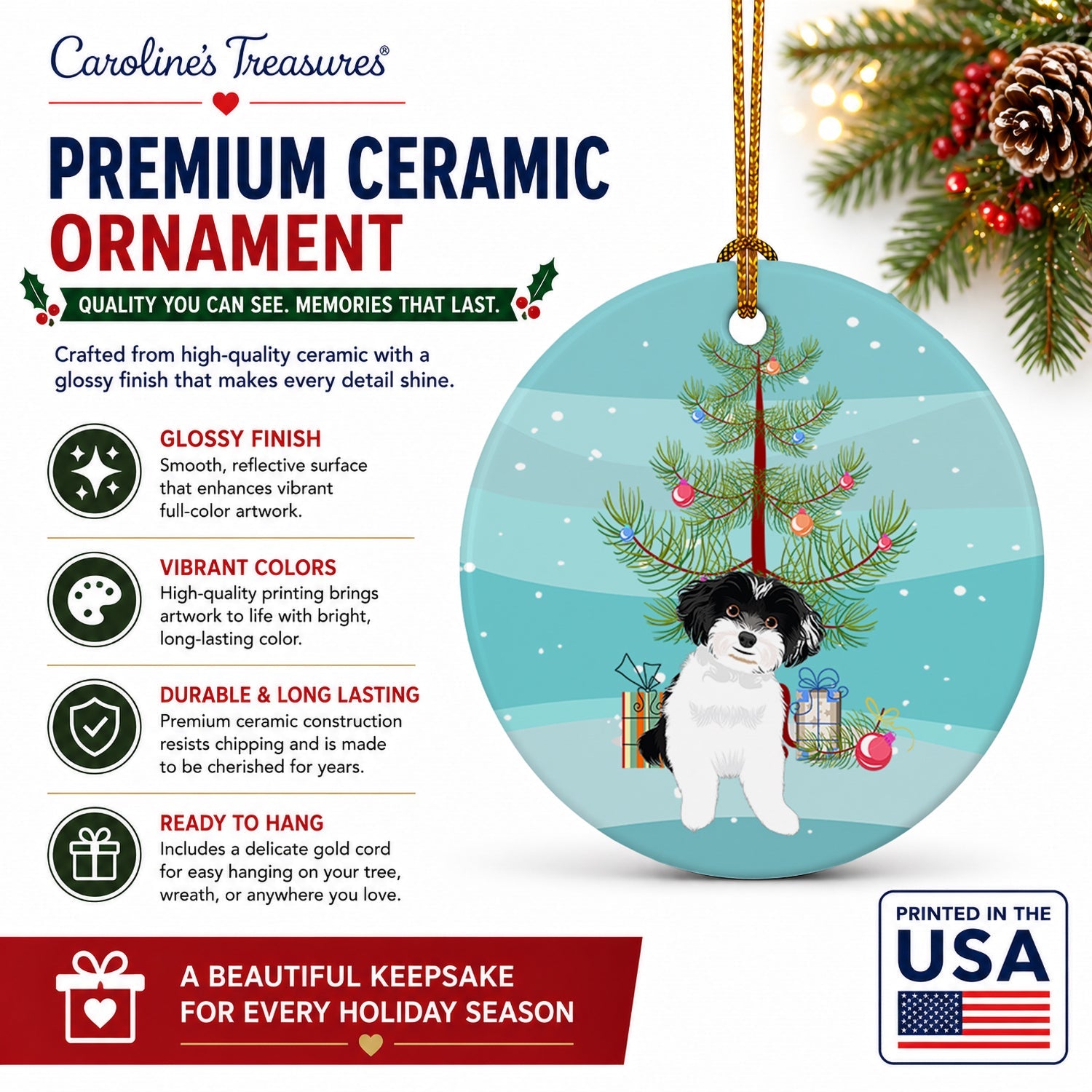 Shih-Tzu Black and White #4 Christmas Ceramic Ornament Christmas Tree Hanging Decorations for Home Christmas Holiday, Party, Gift, 3 in, Multicolor