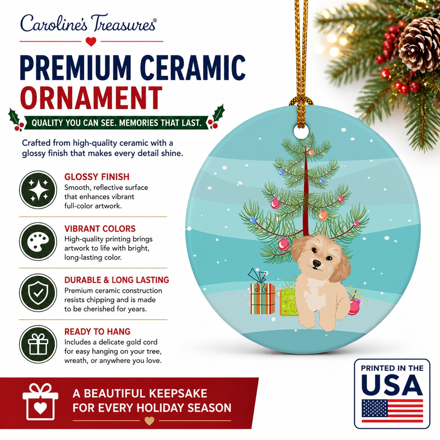 Shih-Tzu Gold #1 Christmas Ceramic Ornament Christmas Tree Hanging Decorations for Home Christmas Holiday, Party, Gift, 3 in, Multicolor