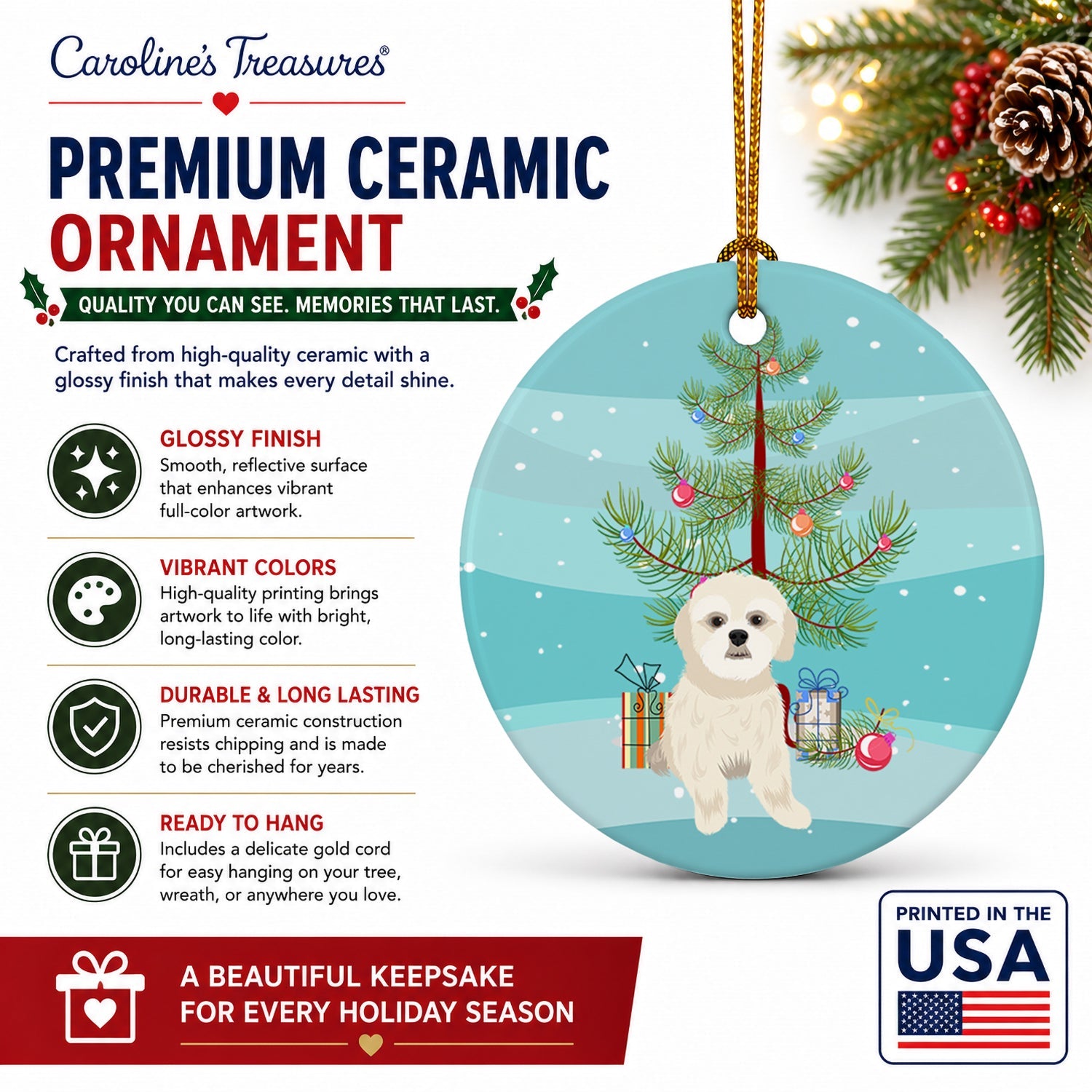 Shih-Tzu Gold #3 Christmas Ceramic Ornament Christmas Tree Hanging Decorations for Home Christmas Holiday, Party, Gift, 3 in, Multicolor