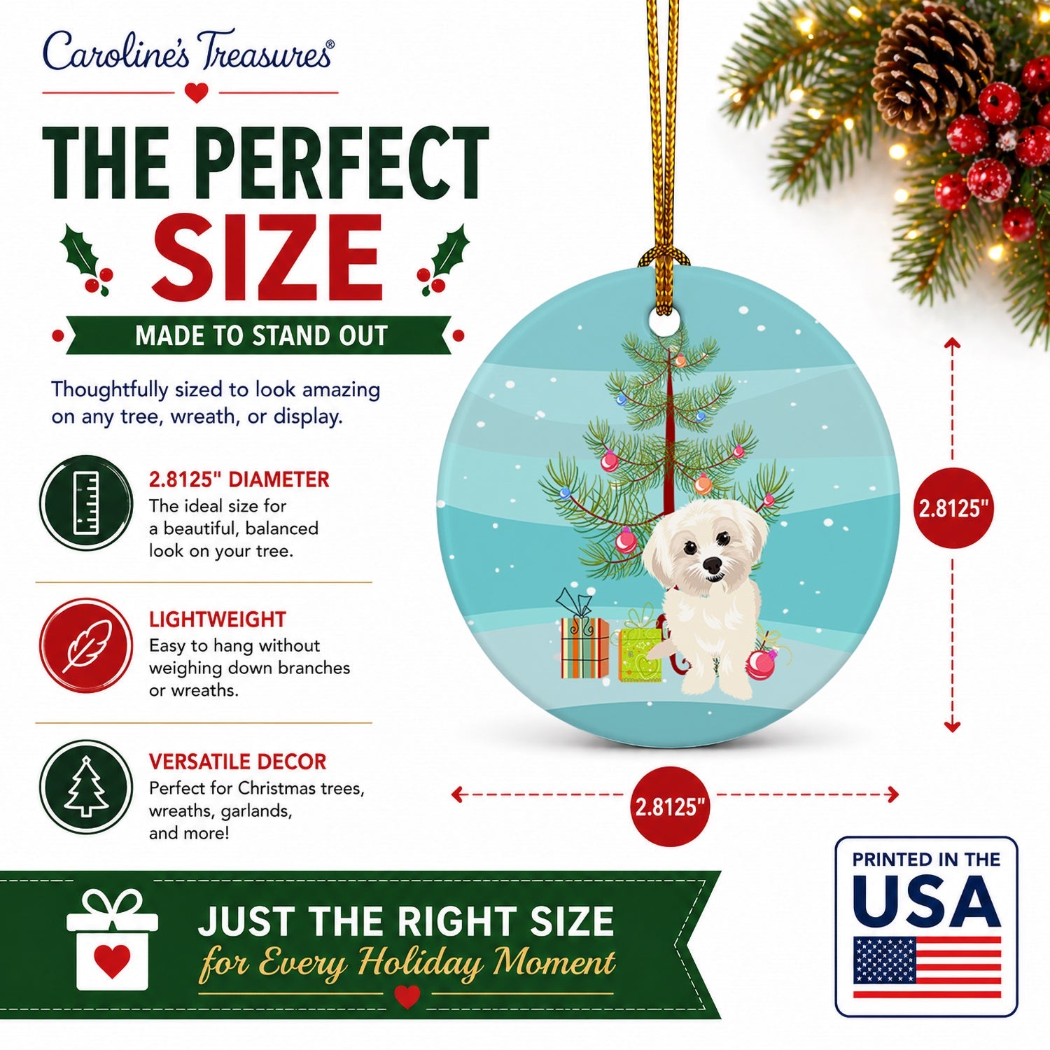Shih-Tzu Gold #4 Christmas Ceramic Ornament Christmas Tree Hanging Decorations for Home Christmas Holiday, Party, Gift, 3 in, Multicolor