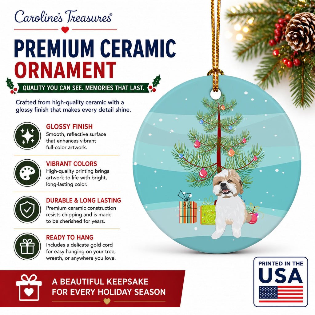 Shih-Tzu Silver Gold and White #2 Christmas Ceramic Ornament Christmas Tree Hanging Decorations for Home Christmas Holiday, Party, Gift, 3 in, Multicolor