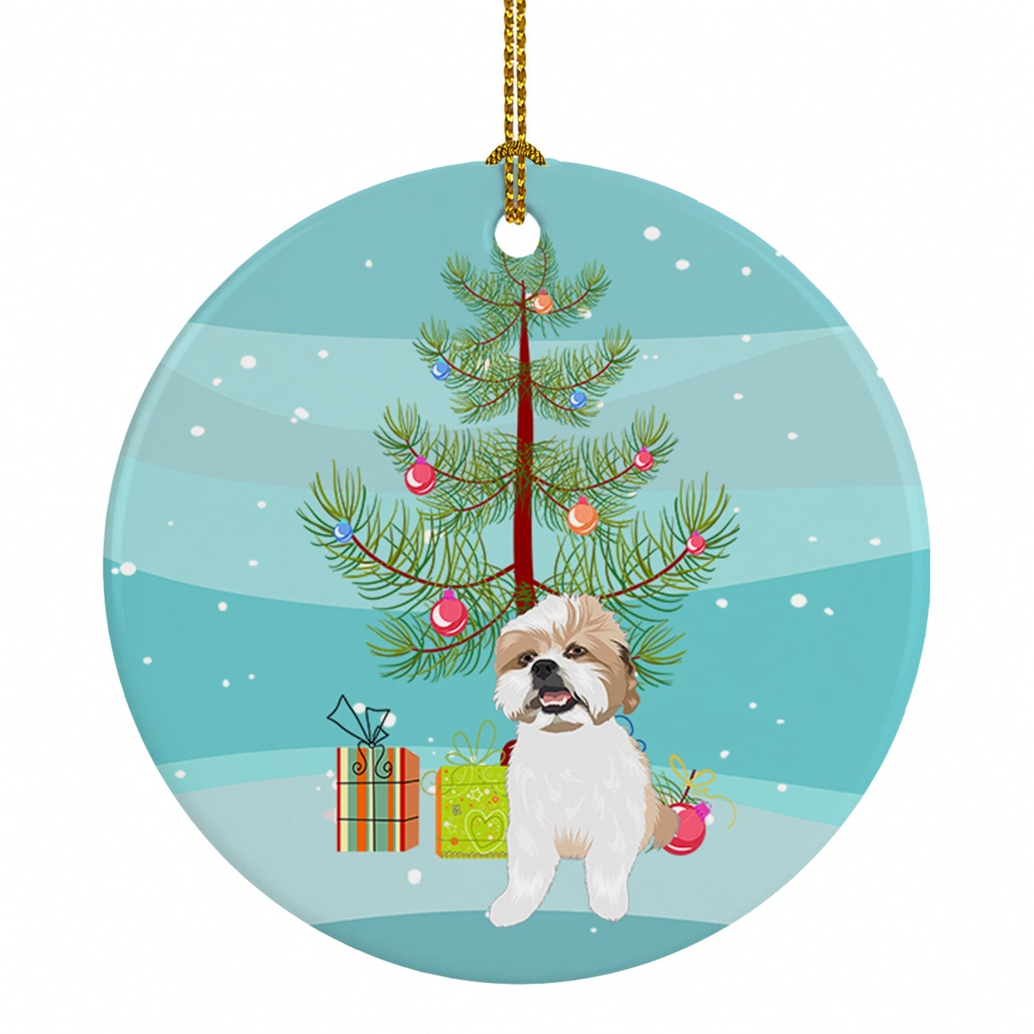 Shih-Tzu Silver Gold and White #2 Christmas Ceramic Ornament Christmas Tree Hanging Decorations for Home Christmas Holiday, Party, Gift, 3 in, Multicolor