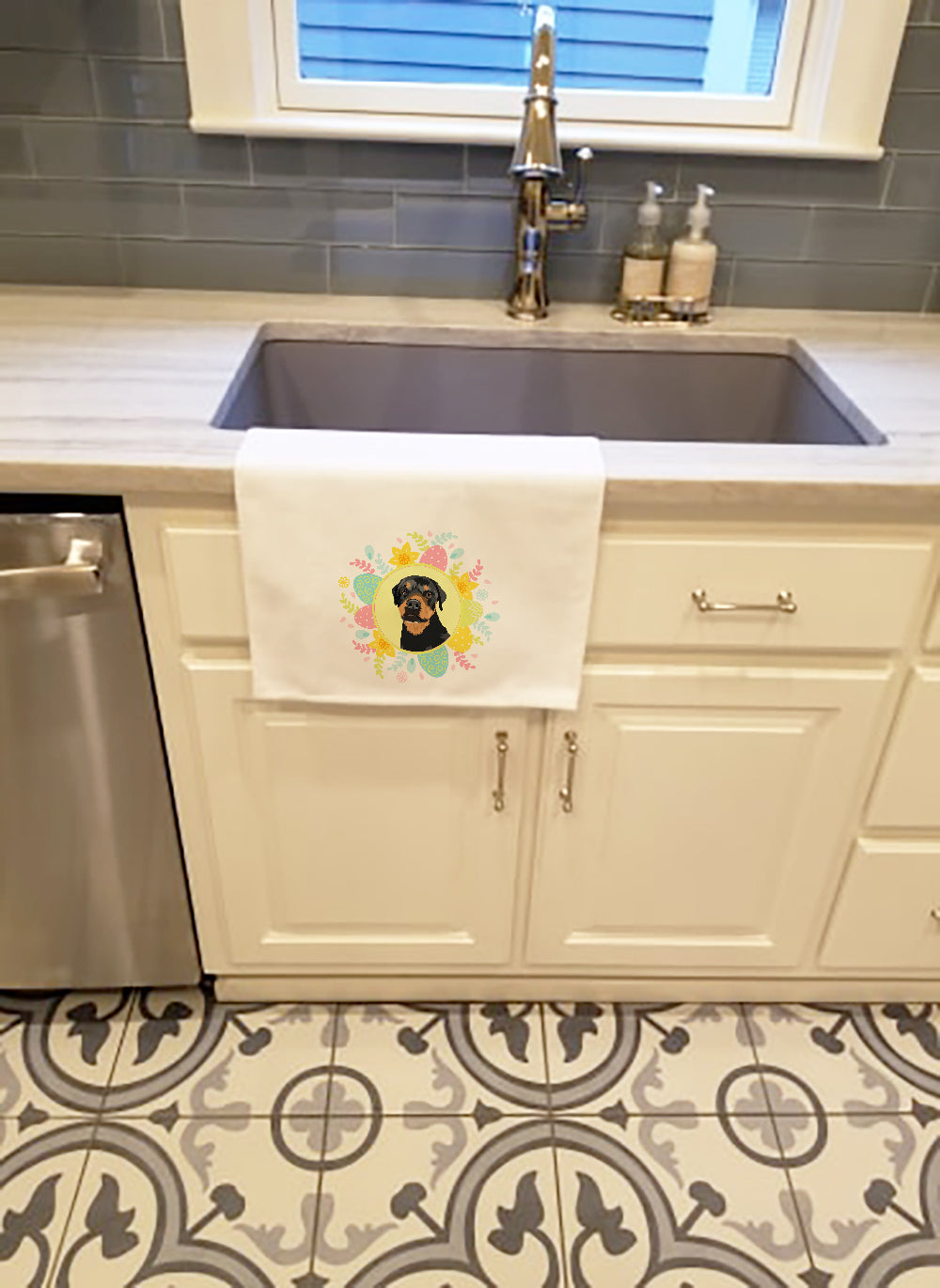 Rottweiler Black and Rust Easter Kitchen Towel Set of 2 White Dish Towels Decorative Bathroom Hand towel for Hand, Face, Hair, Yoga, Tea, Dishcloth, 19 X 28", White