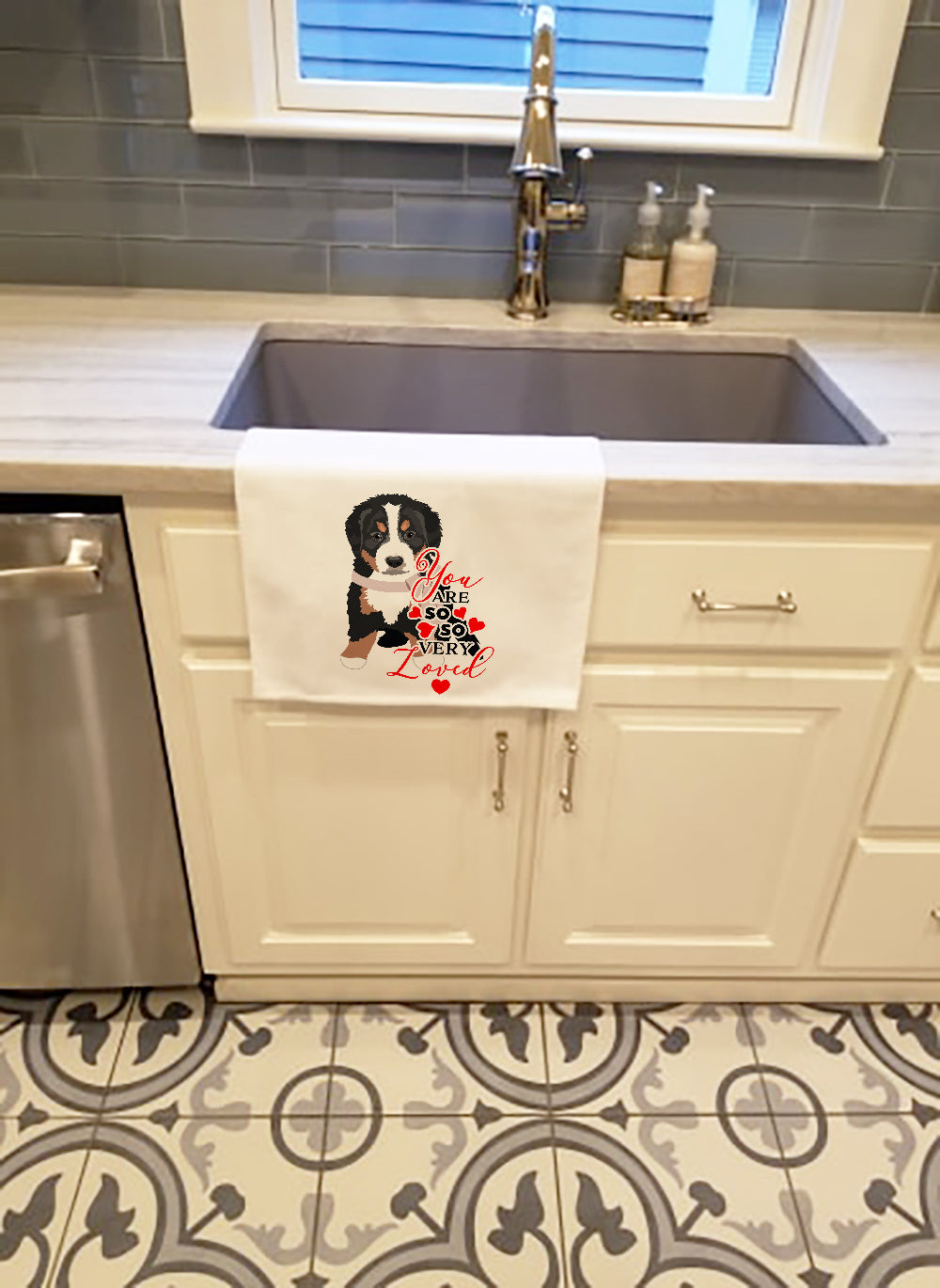 Bernese Mountain Dog Puppy #1 so Loved Kitchen Towel Set of 2 White Dish Towels Decorative Bathroom Hand towel for Hand, Face, Hair, Yoga, Tea, Dishcloth, 19 X 28", White