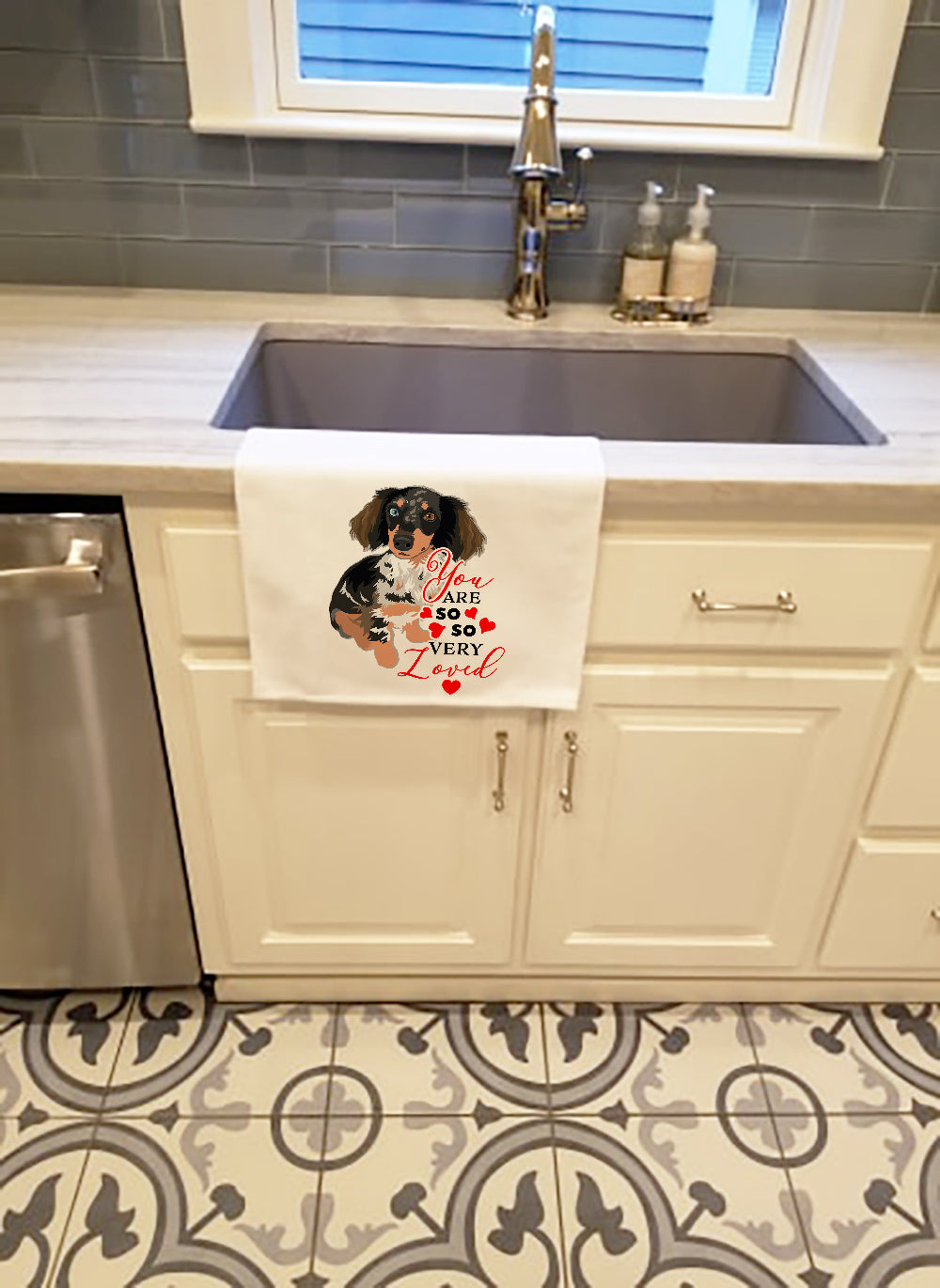Dachshund Dapple #1 so Loved Kitchen Towel Set of 2 White Dish Towels Decorative Bathroom Hand towel for Hand, Face, Hair, Yoga, Tea, Dishcloth, 19 X 28", White