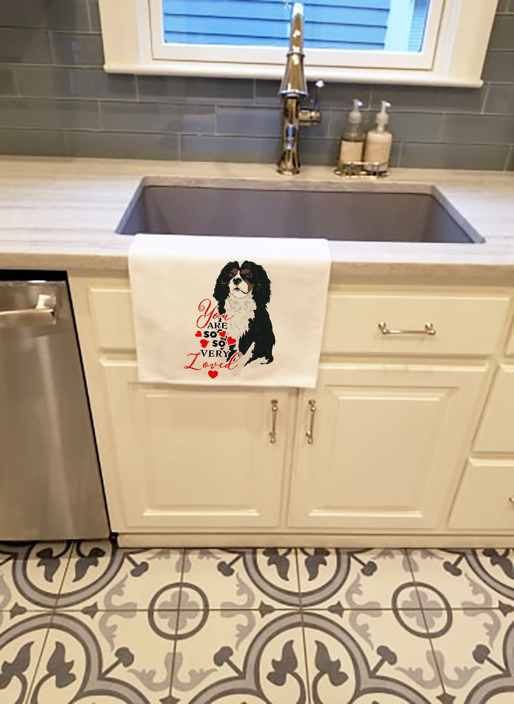 Cavalier King Charles Spaniel Tricolor #1 so Loved Kitchen Towel Set of 2 White Dish Towels Decorative Bathroom Hand towel for Hand, Face, Hair, Yoga, Tea, Dishcloth, 19 X 28", White