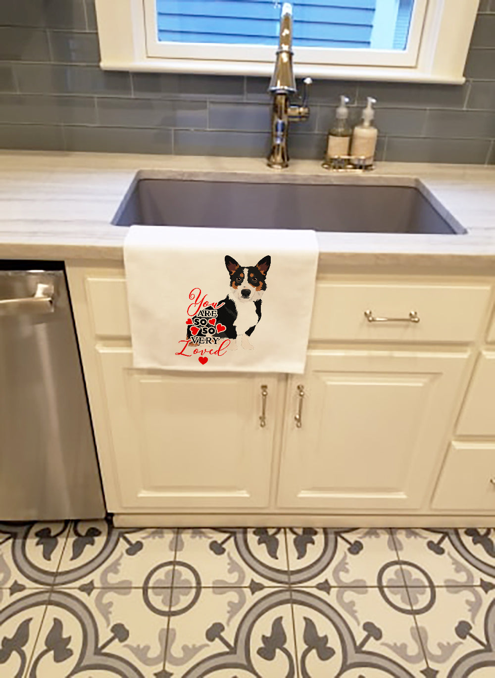Pembroke Welsh Corgi Tricolor Black-Headed #1 so Loved Kitchen Towel Set of 2 White Dish Towels Decorative Bathroom Hand towel for Hand, Face, Hair, Yoga, Tea, Dishcloth, 19 X 28", White