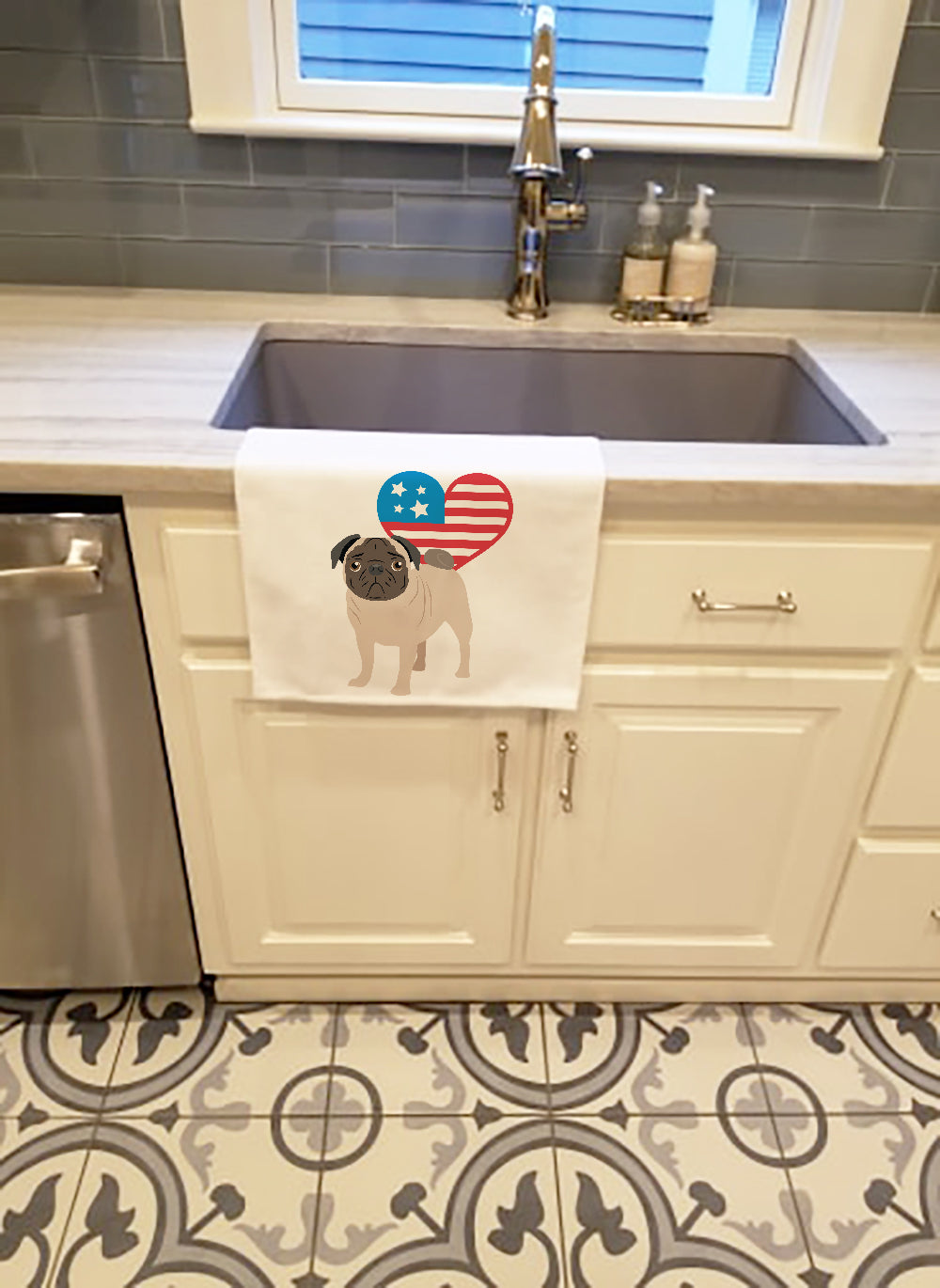 Pug Fawn #4 Patriotic Kitchen Towel Set of 2 White Dish Towels Decorative Bathroom Hand towel for Hand, Face, Hair, Yoga, Tea, Dishcloth, 19 X 28", White