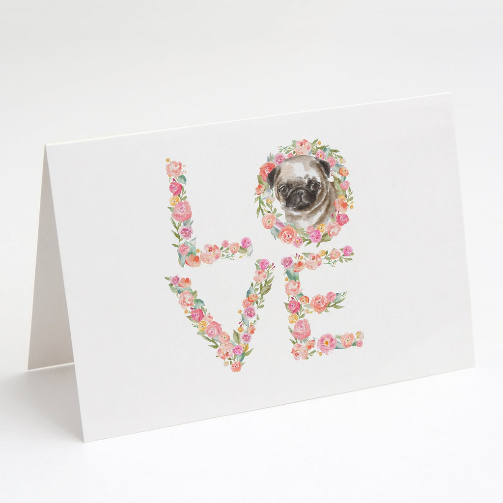 Pug #1 LOVE Greeting Cards Pack of 8 Blank Cards with Envelopes Whimsical A7 Size 5x7