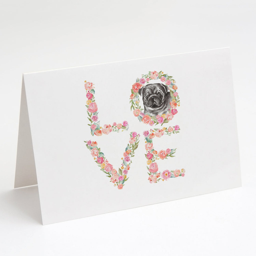 Pug #8 LOVE Greeting Cards Pack of 8 Blank Cards with Envelopes Whimsical A7 Size 5x7