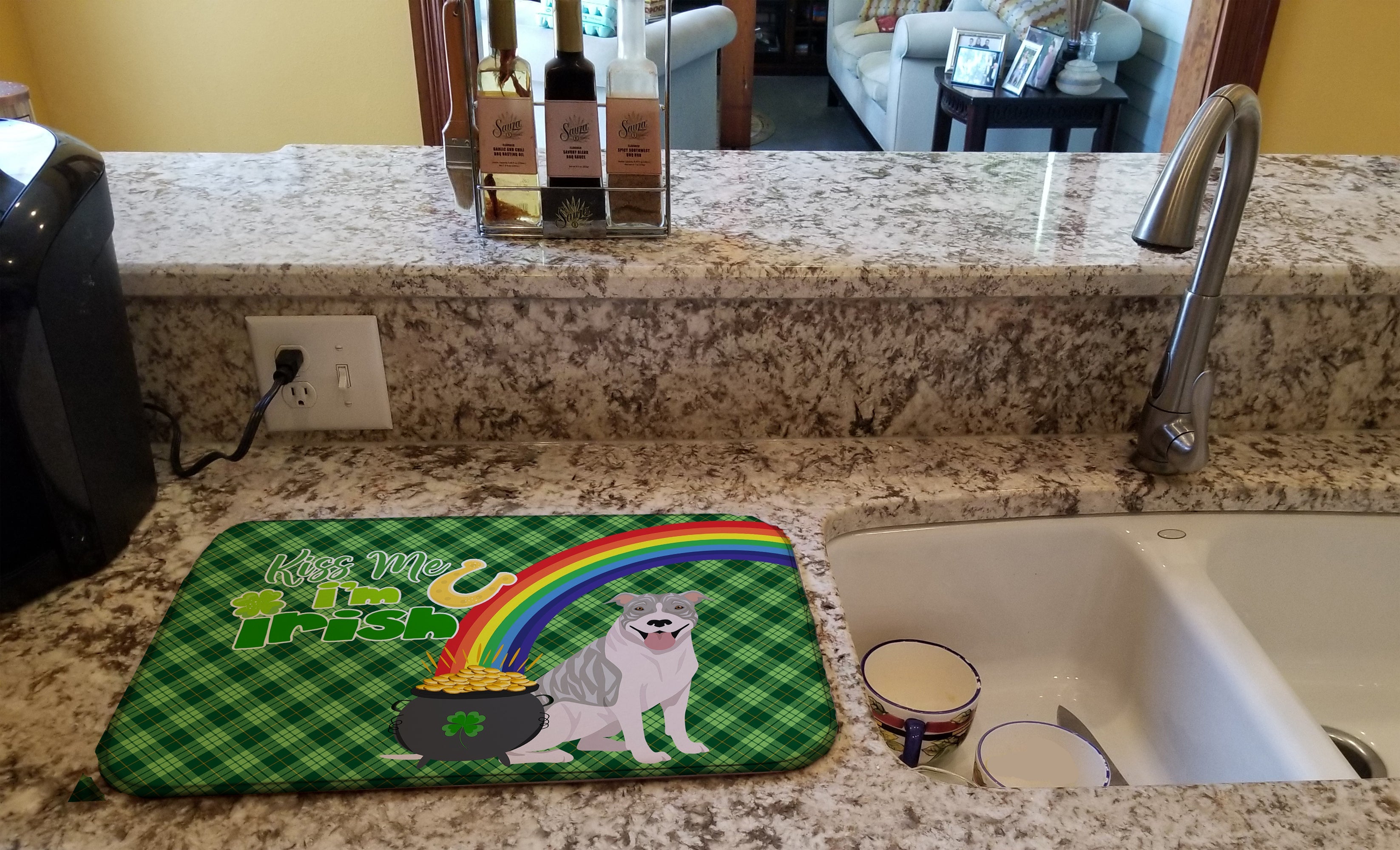 Blue Brindle Pit Bull Terrier St. Patrick's Day Dish Drying Mat Absorbent Dish Drying Mat Pad for Kitchen Counter Dish Drainer Mat for Countertop, 14 x 21", Multicolor