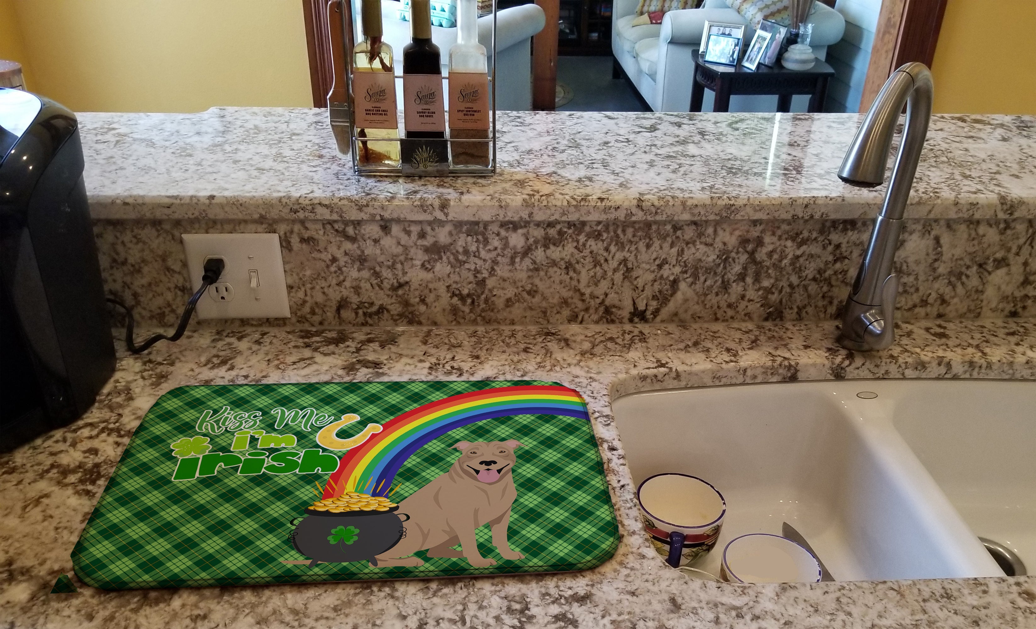 Fawn Pit Bull Terrier St. Patrick's Day Dish Drying Mat Absorbent Dish Drying Mat Pad for Kitchen Counter Dish Drainer Mat for Countertop, 14 x 21", Multicolor