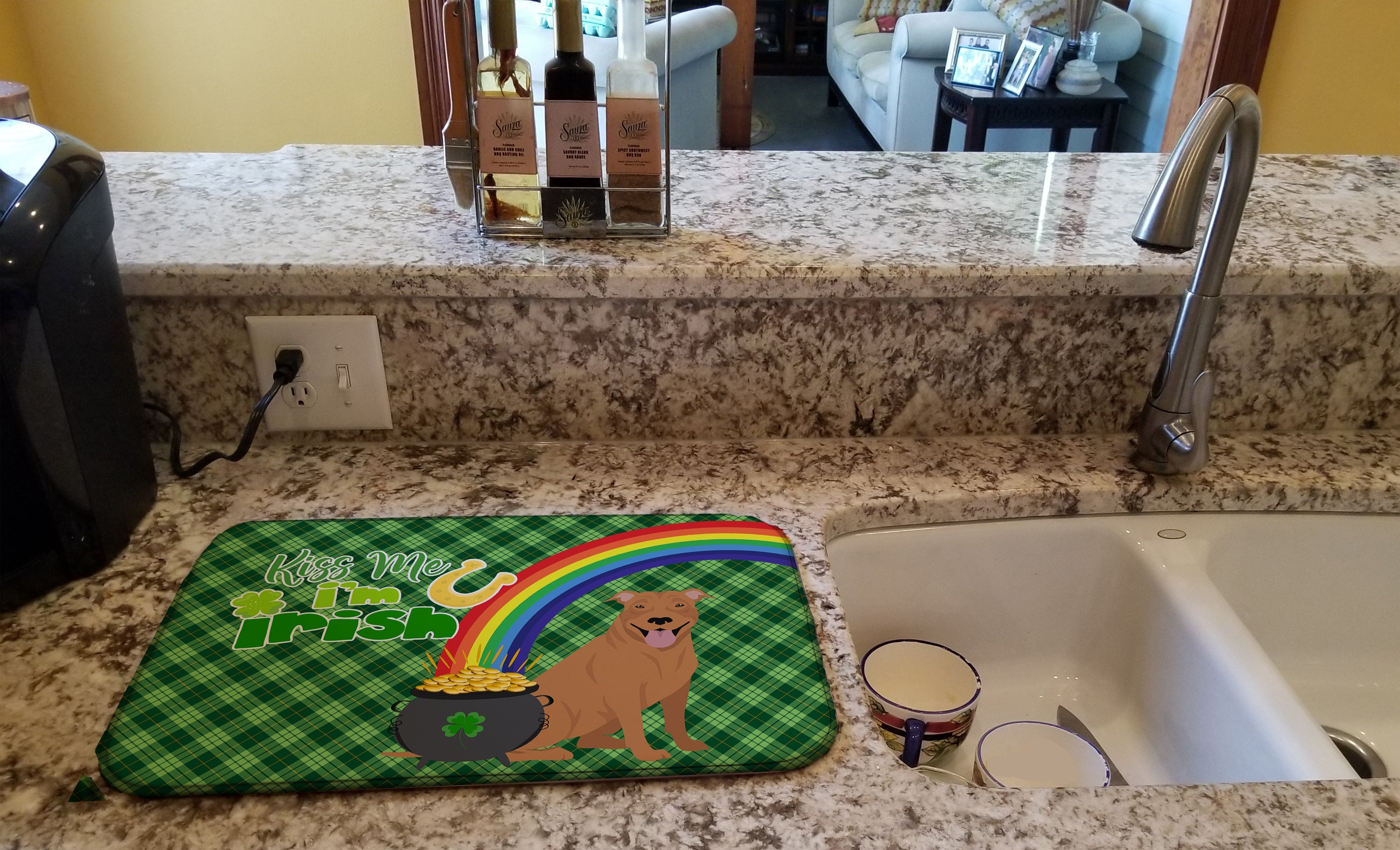 Red Pit Bull Terrier St. Patrick's Day Dish Drying Mat Absorbent Dish Drying Mat Pad for Kitchen Counter Dish Drainer Mat for Countertop, 14 x 21", Multicolor