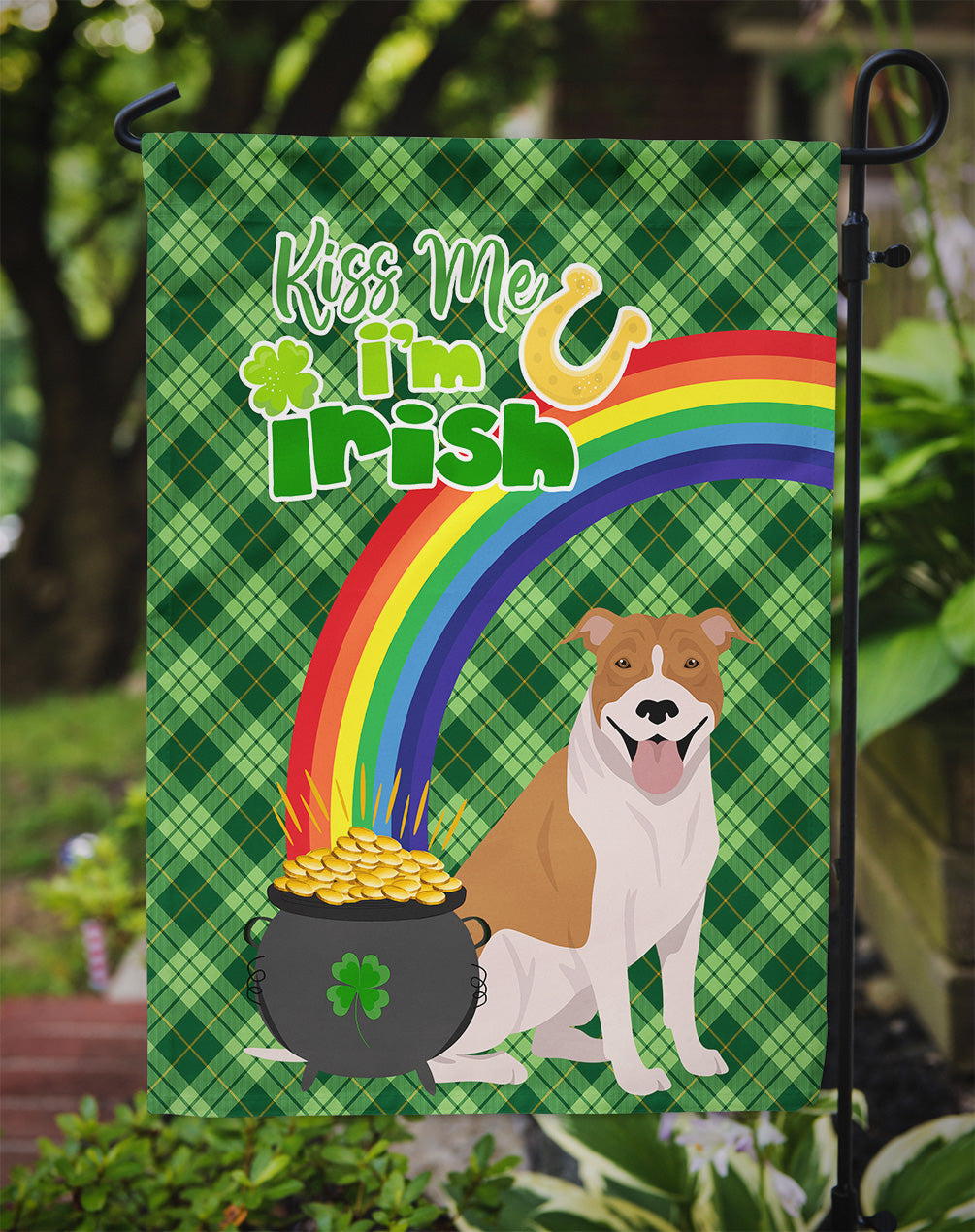 Red and White Pit Bull Terrier St. Patrick's Day Garden Flag Mailbox Decorative Yard Banner Outside Patio Artwork for Flower Beds, Garden Size, Multicolor