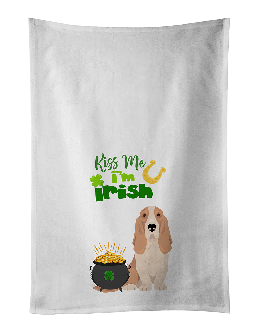 Lemon and White Tricolor Basset Hound St. Patrick's Day Kitchen Towel Set of 2 White Dish Towels Decorative Bathroom Hand towel for Hand, Face, Hair, Yoga, Tea, Dishcloth, 19 X 28", White