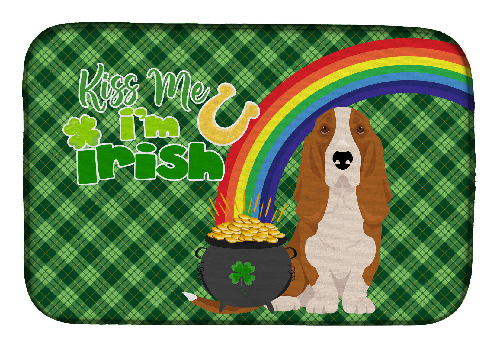 Red and White Tricolor Basset Hound St. Patrick's Day Dish Drying Mat Absorbent Dish Drying Mat Pad for Kitchen Counter Dish Drainer Mat for Countertop, 14 x 21", Multicolor