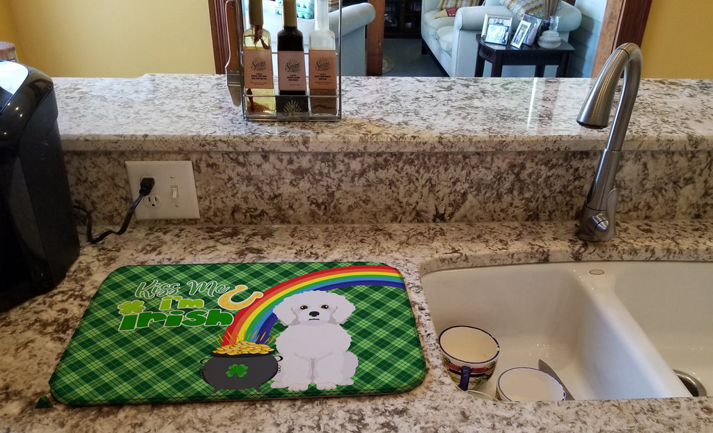Bichon Frise St. Patrick's Day Dish Drying Mat Absorbent Dish Drying Mat Pad for Kitchen Counter Dish Drainer Mat for Countertop, 14 x 21", Multicolor