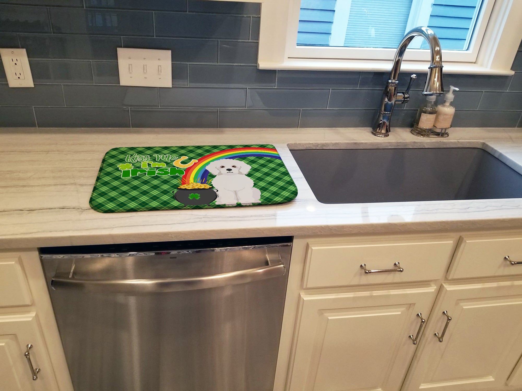 Bichon Frise St. Patrick's Day Dish Drying Mat Absorbent Dish Drying Mat Pad for Kitchen Counter Dish Drainer Mat for Countertop, 14 x 21", Multicolor