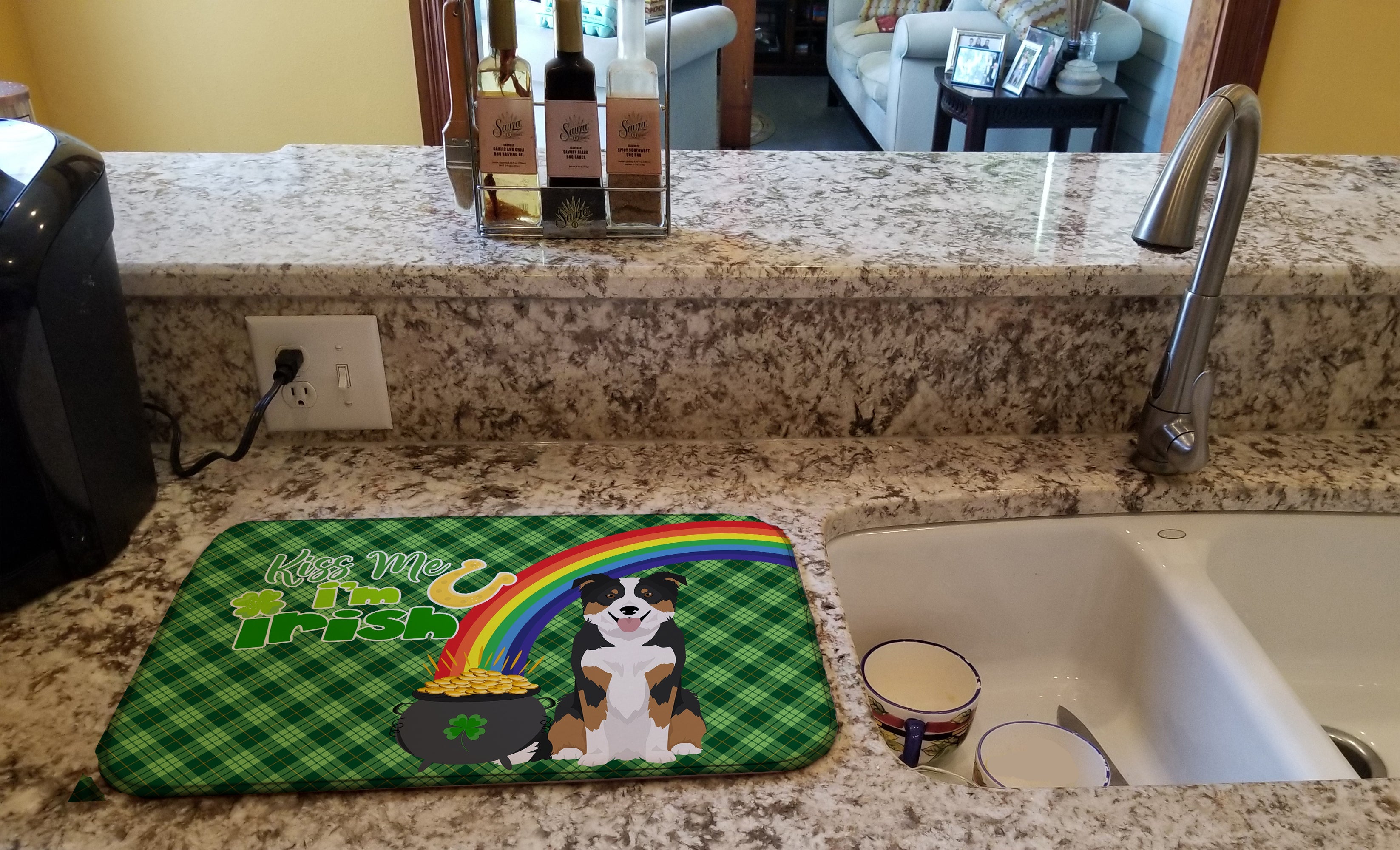 Tricolor Border Collie St. Patrick's Day Dish Drying Mat Absorbent Dish Drying Mat Pad for Kitchen Counter Dish Drainer Mat for Countertop, 14 x 21", Multicolor