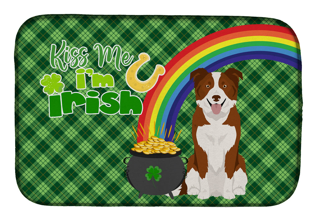 Red and White Border Collie St. Patrick's Day Dish Drying Mat Absorbent Dish Drying Mat Pad for Kitchen Counter Dish Drainer Mat for Countertop, 14 x 21", Multicolor