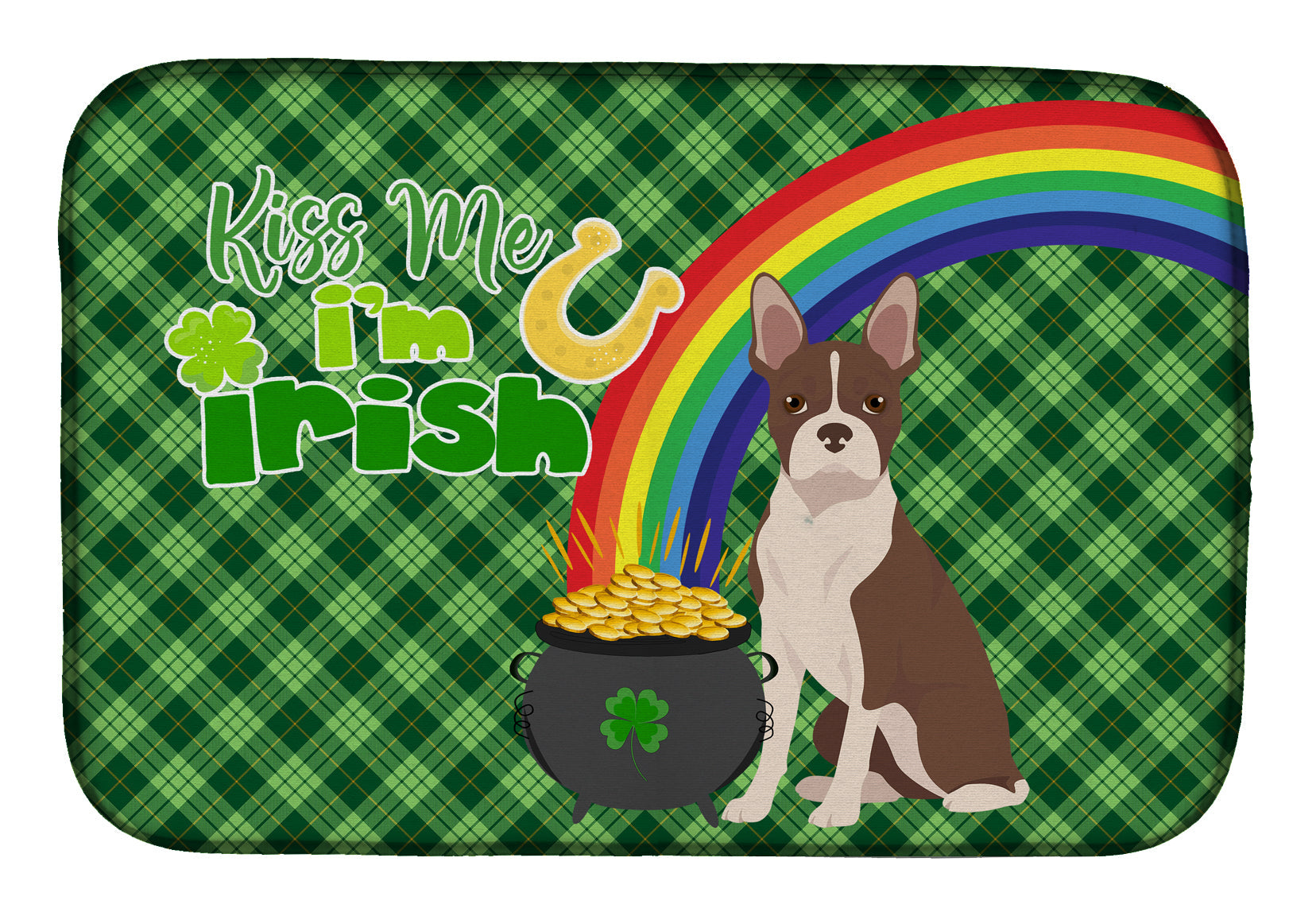 Red Boston Terrier St. Patrick's Day Dish Drying Mat Absorbent Dish Drying Mat Pad for Kitchen Counter Dish Drainer Mat for Countertop, 14 x 21", Multicolor