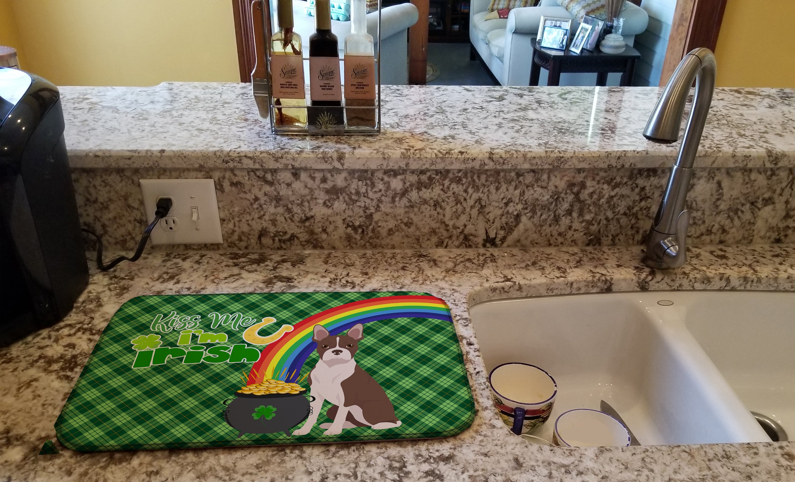 Red Boston Terrier St. Patrick's Day Dish Drying Mat Absorbent Dish Drying Mat Pad for Kitchen Counter Dish Drainer Mat for Countertop, 14 x 21", Multicolor