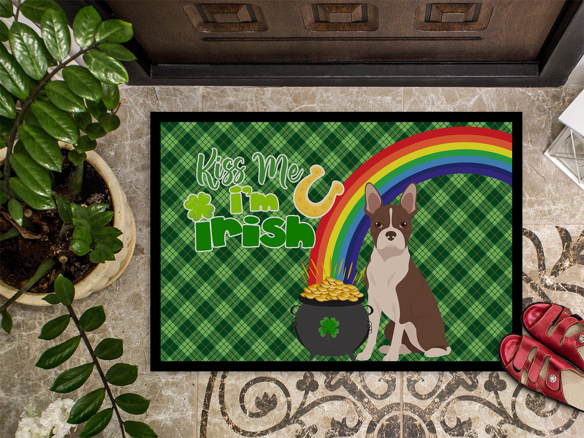 Red Boston Terrier St. Patrick's Day Doormat Indoor Outdoor 24H X 36W Front Door Mat Rugs for Entryway, Non Slip Washable Low Pile,