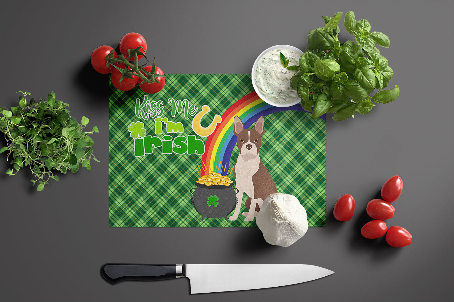 Red Boston Terrier St. Patrick's Day Cutting Board Tempered Glass Kitchen Cutting Surface, Heat Resistant Chopping, Non-Slip Feet, Food Prep & Serving