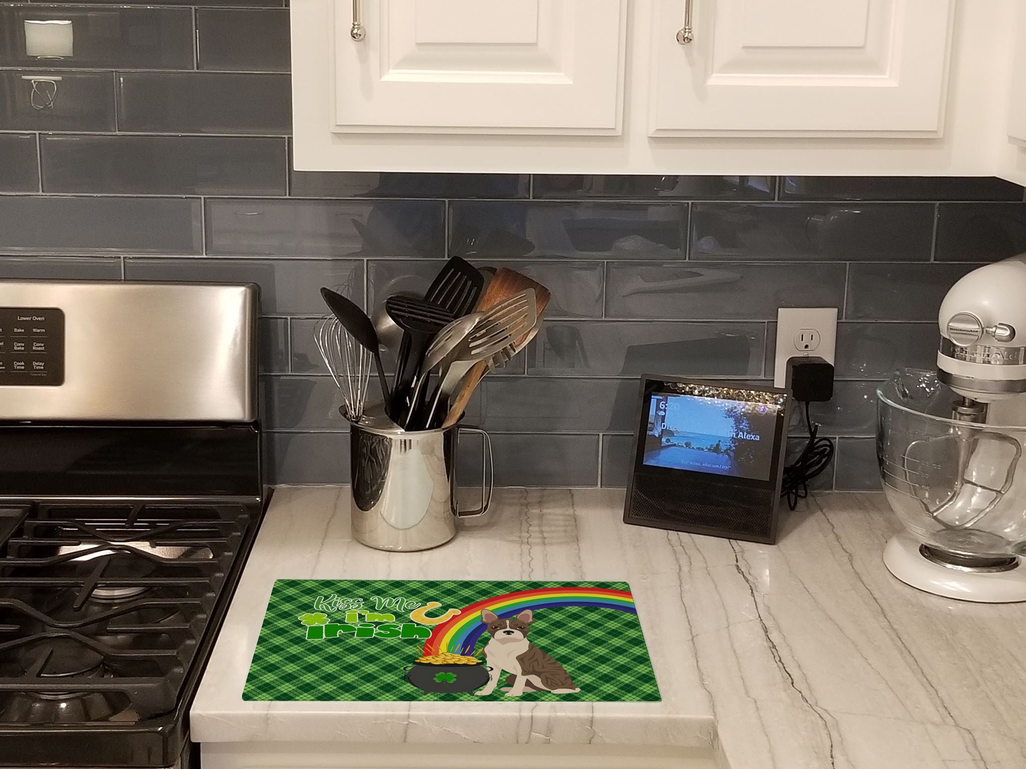 Brindle Boston Terrier St. Patrick's Day Cutting Board Tempered Glass Kitchen Cutting Surface, Heat Resistant Chopping, Non-Slip Feet, Food Prep & Serving