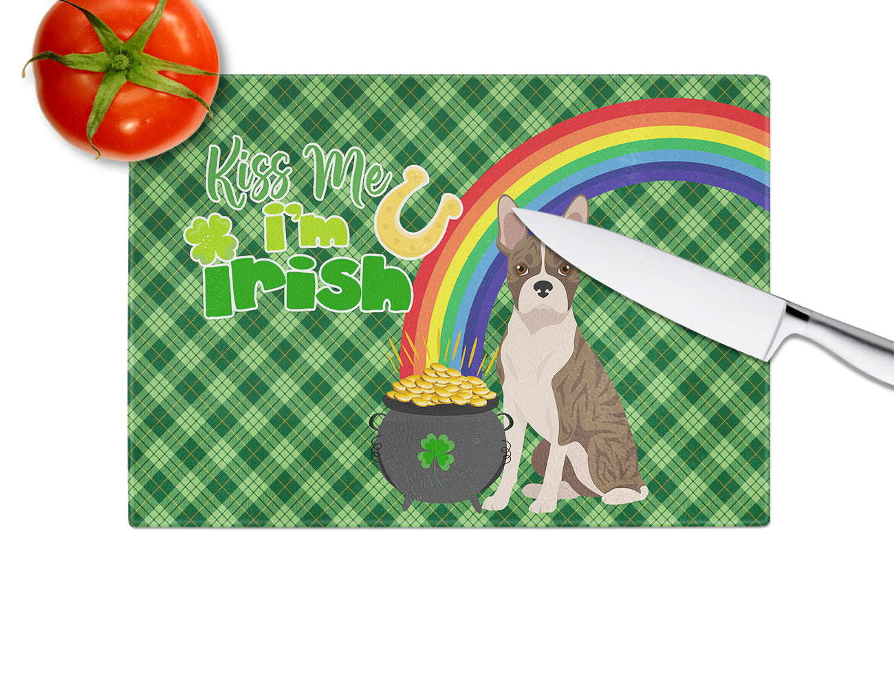 Brindle Boston Terrier St. Patrick's Day Cutting Board Tempered Glass Kitchen Cutting Surface, Heat Resistant Chopping, Non-Slip Feet, Food Prep & Serving