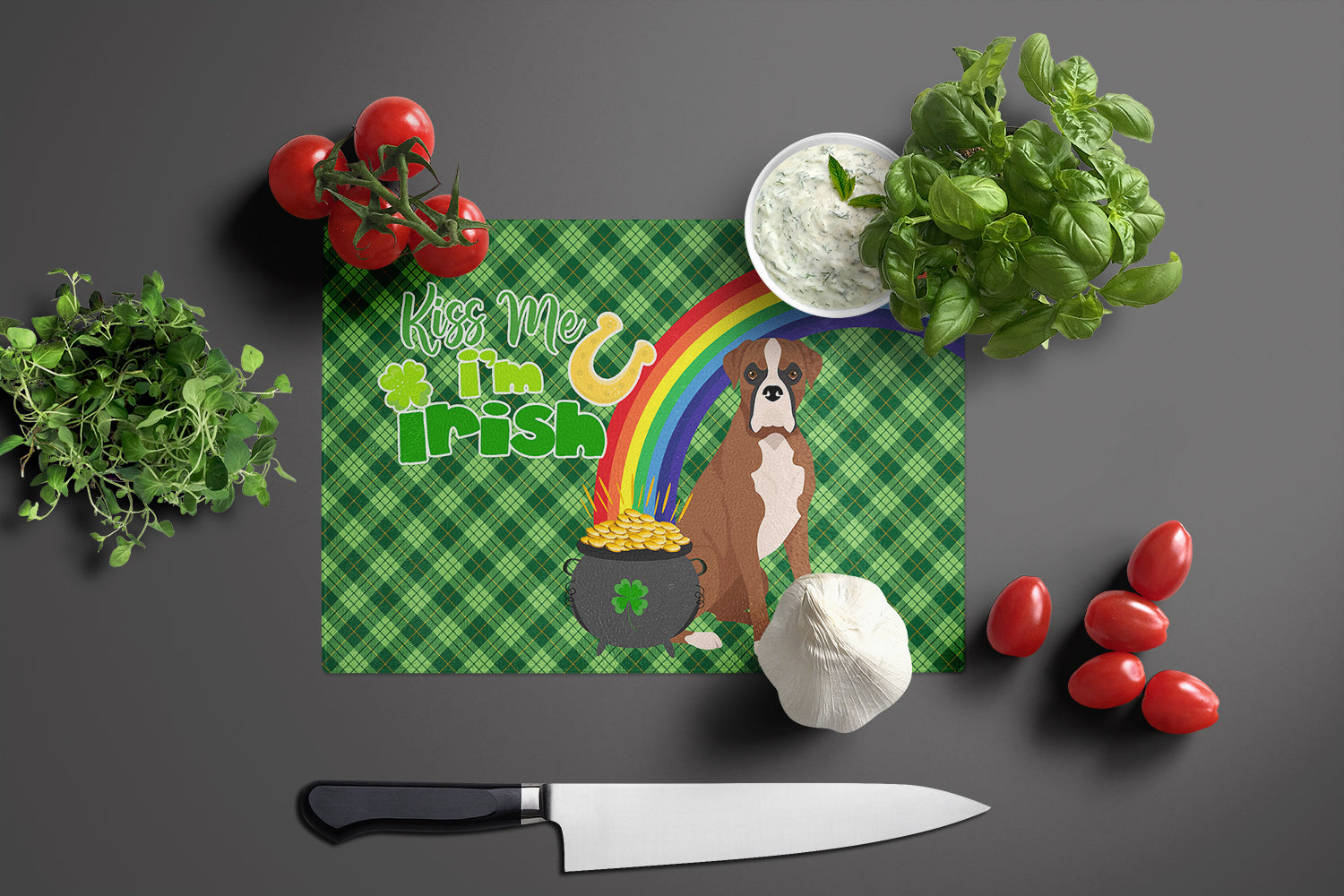 Natural Eared Red Fawn Boxer St. Patrick's Day Cutting Board Tempered Glass Kitchen Cutting Surface, Heat Resistant Chopping, Non-Slip Feet, Food Prep & Serving