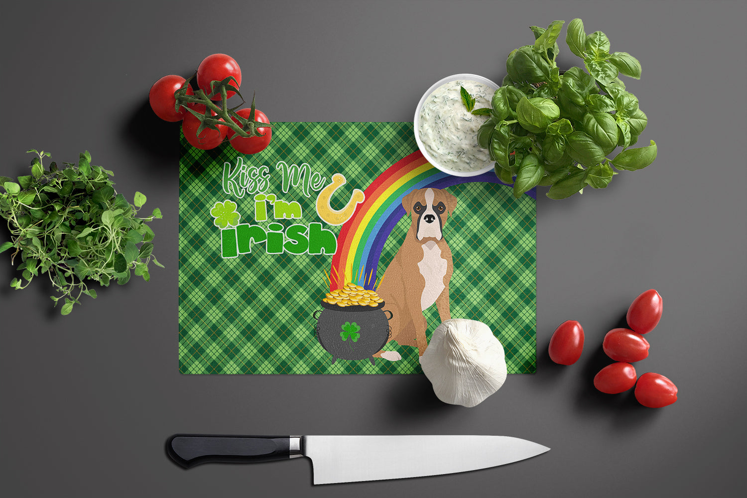 Natural Eared Fawn Boxer St. Patrick's Day Cutting Board Tempered Glass Kitchen Cutting Surface, Heat Resistant Chopping, Non-Slip Feet, Food Prep & Serving