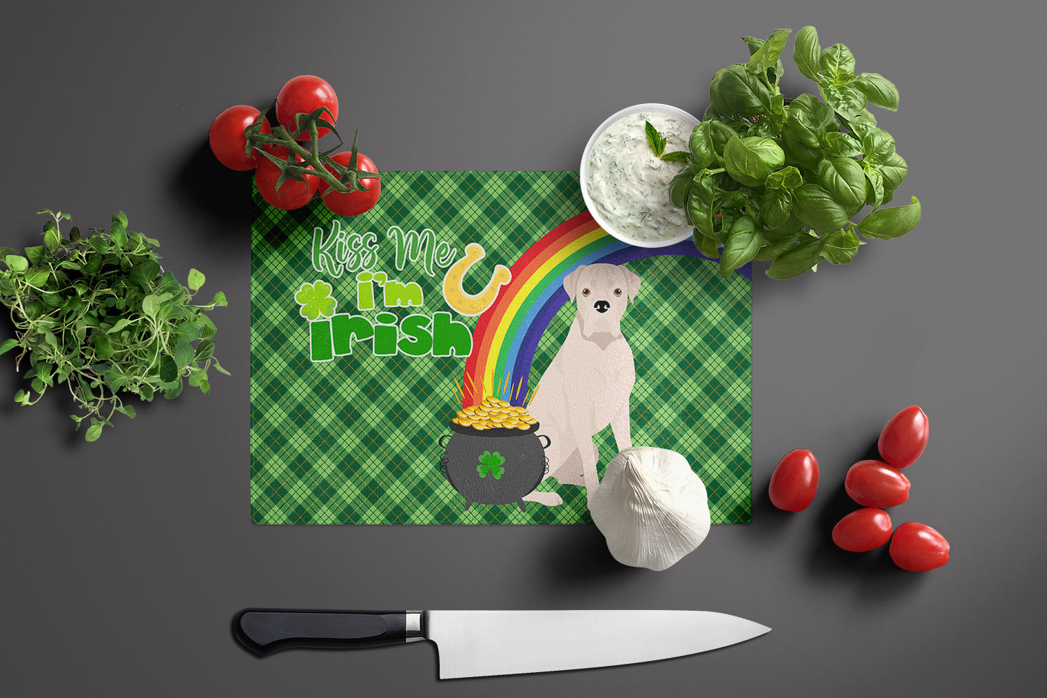 Natural Eared White Boxer St. Patrick's Day Cutting Board Tempered Glass Kitchen Cutting Surface, Heat Resistant Chopping, Non-Slip Feet, Food Prep & Serving
