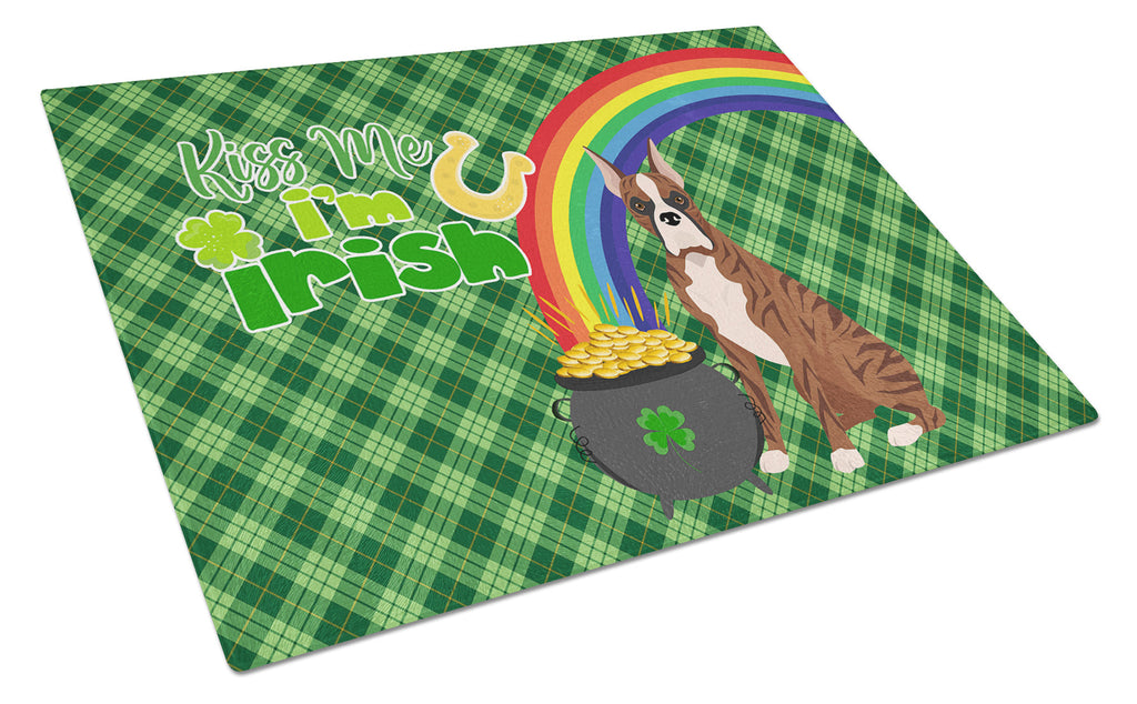 Red Brindle Boxer St. Patrick's Day Cutting Board Tempered Glass Kitchen Cutting Surface, Heat Resistant Chopping, Non-Slip Feet, Food Prep & Serving