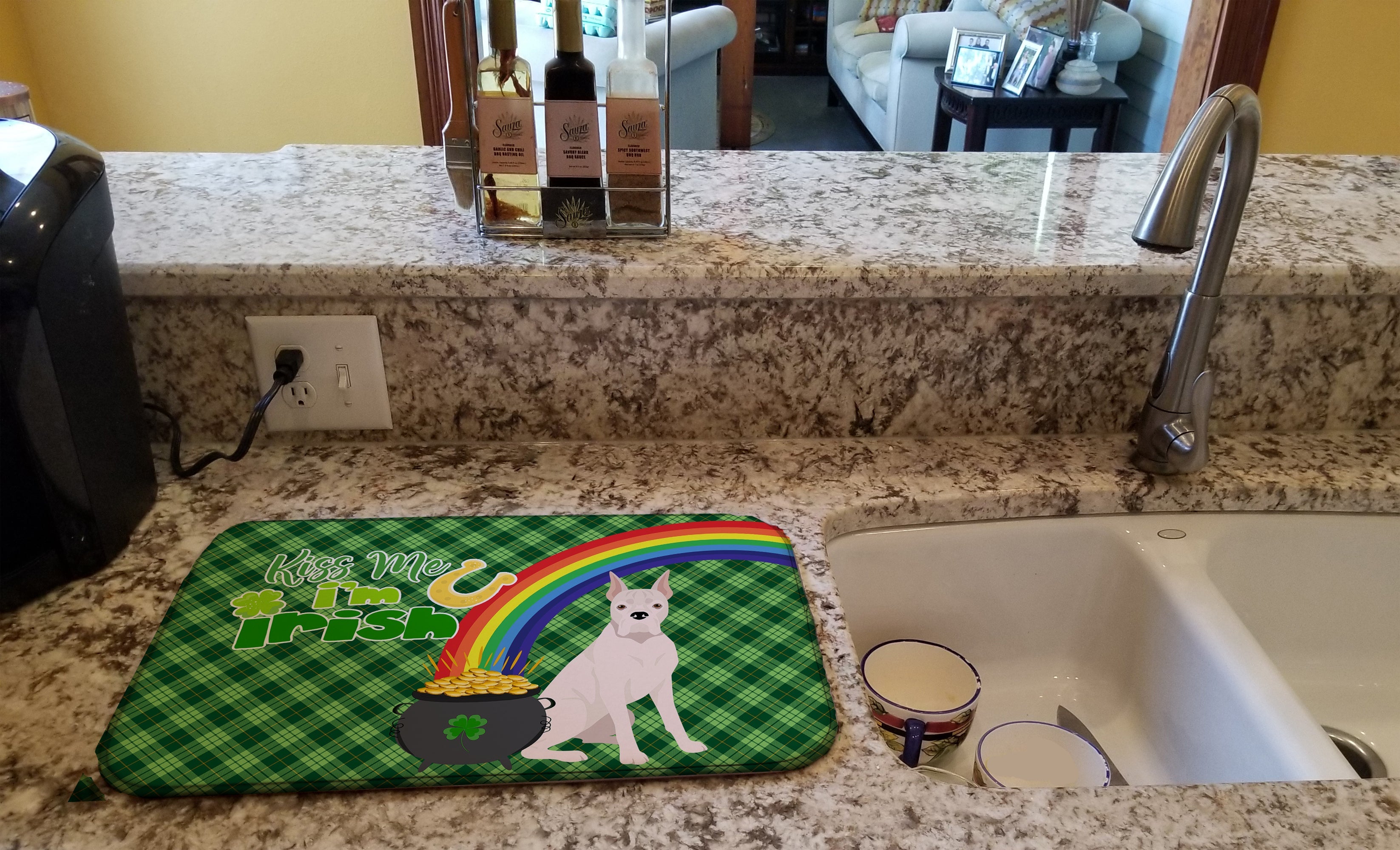 White Boxer St. Patrick's Day Dish Drying Mat Absorbent Dish Drying Mat Pad for Kitchen Counter Dish Drainer Mat for Countertop, 14 x 21", Multicolor