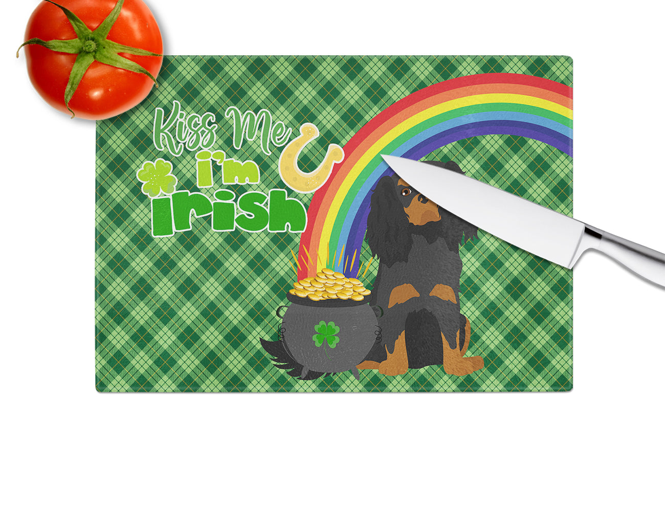 Black and Tan Cavalier Spaniel St. Patrick's Day Cutting Board Tempered Glass Kitchen Cutting Surface, Heat Resistant Chopping, Non-Slip Feet, Food Prep & Serving
