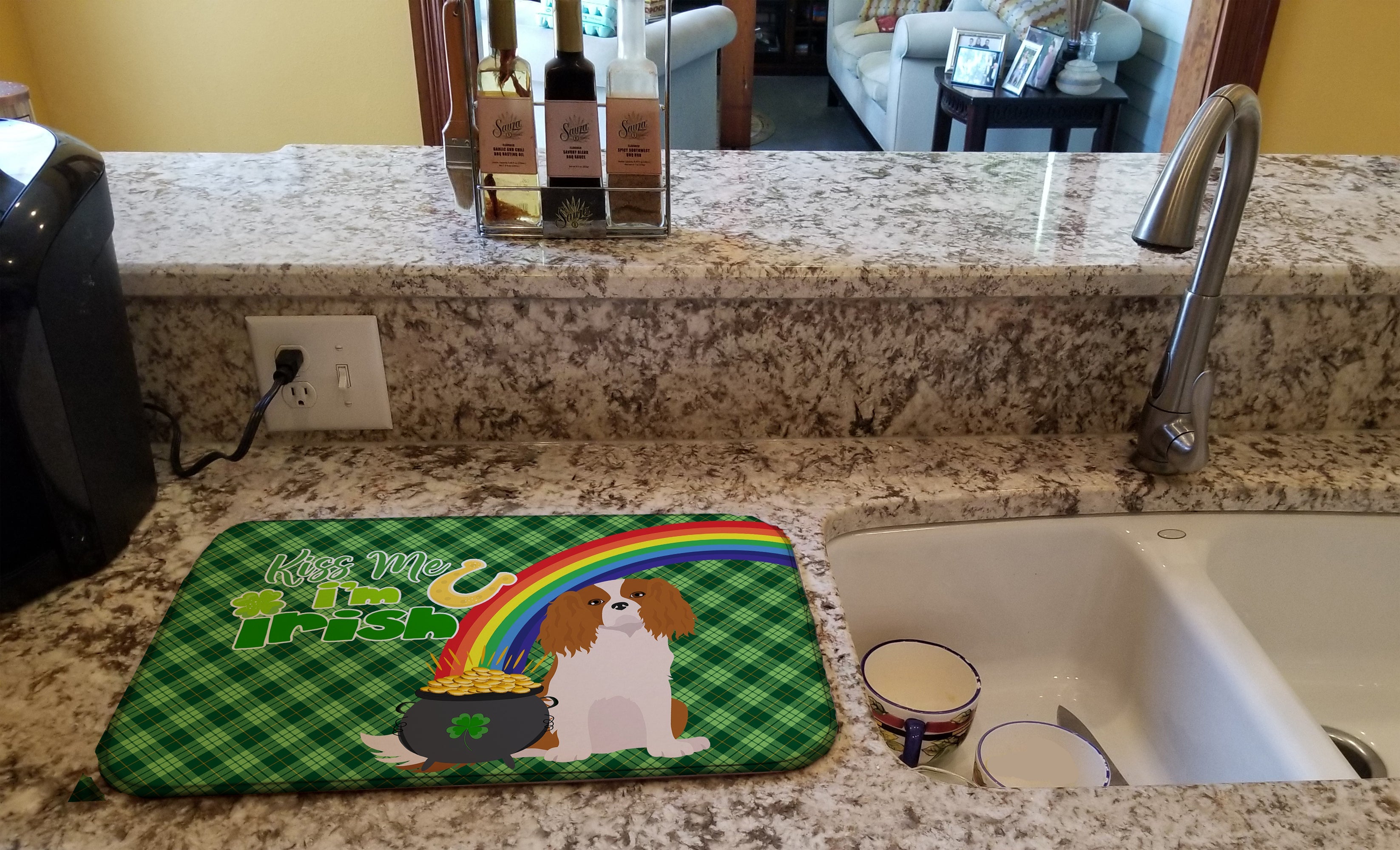 Blenheim Cavalier Spaniel St. Patrick's Day Dish Drying Mat Absorbent Dish Drying Mat Pad for Kitchen Counter Dish Drainer Mat for Countertop, 14 x 21", Multicolor