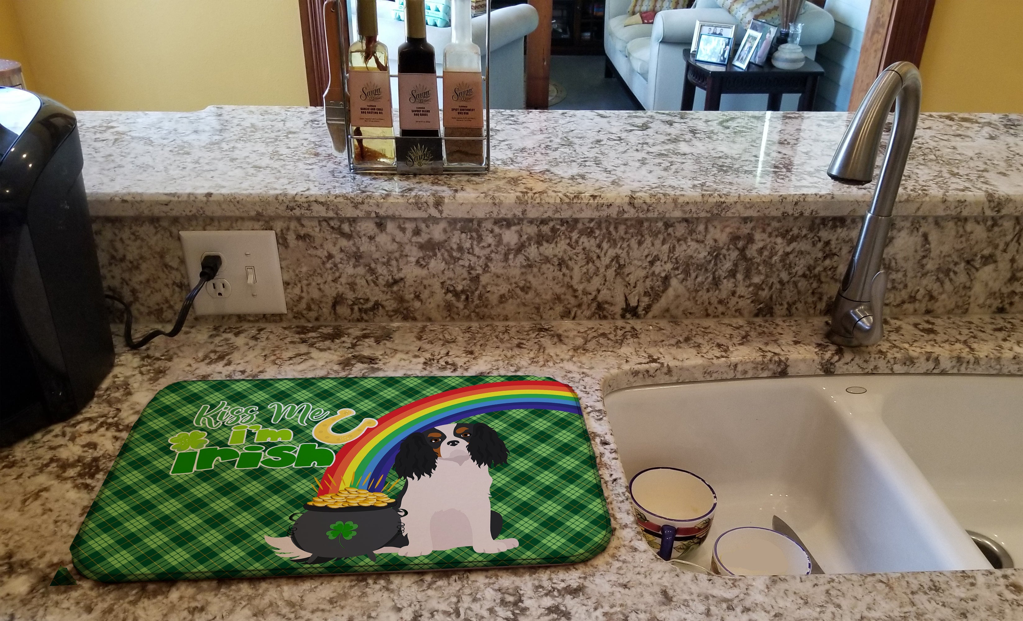 Tricolor Cavalier Spaniel St. Patrick's Day Dish Drying Mat Absorbent Dish Drying Mat Pad for Kitchen Counter Dish Drainer Mat for Countertop, 14 x 21", Multicolor