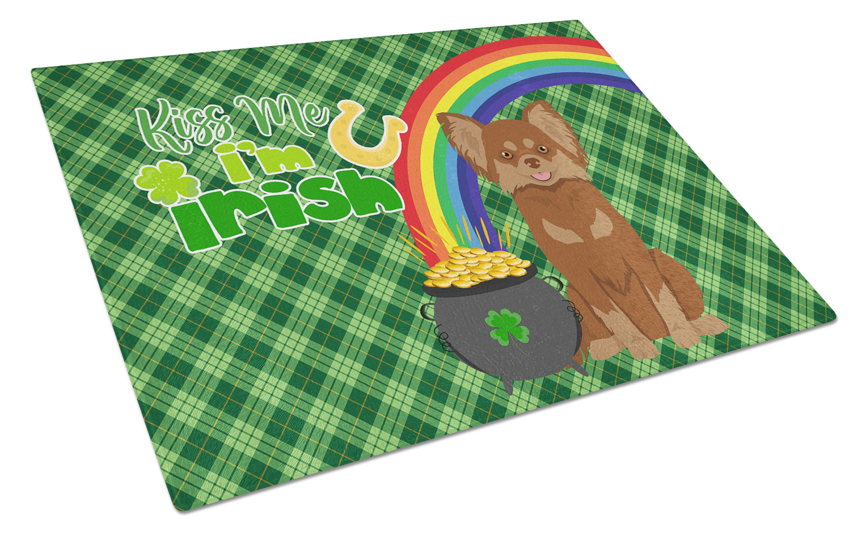 Longhaired Chocolate and Tan Chihuahua St. Patrick's Day Cutting Board Tempered Glass Kitchen Cutting Surface, Heat Resistant Chopping, Non-Slip Feet, Food Prep & Serving
