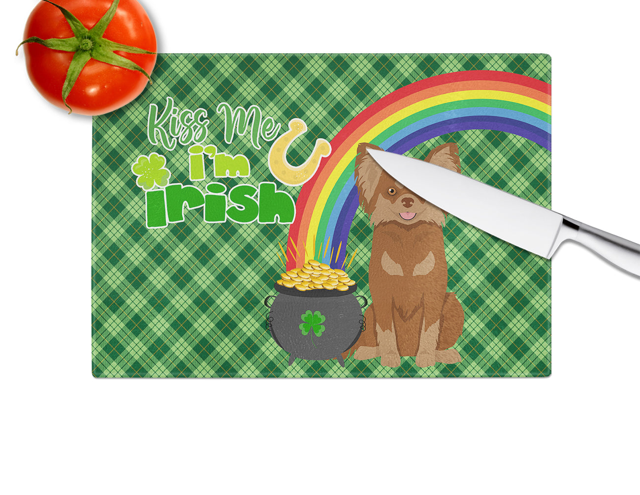 Longhaired Chocolate and Tan Chihuahua St. Patrick's Day Cutting Board Tempered Glass Kitchen Cutting Surface, Heat Resistant Chopping, Non-Slip Feet, Food Prep & Serving