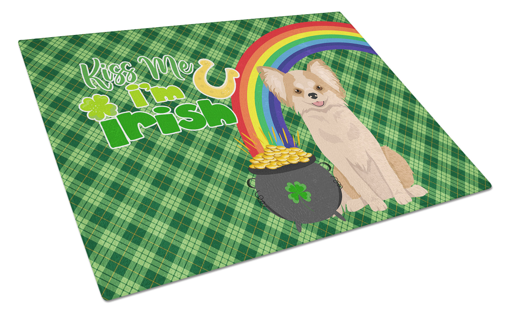Longhaired Gold and White Chihuahua St. Patrick's Day Cutting Board Tempered Glass Kitchen Cutting Surface, Heat Resistant Chopping, Non-Slip Feet, Food Prep & Serving