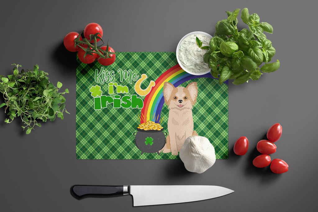 Longhaired Gold and White Chihuahua St. Patrick's Day Cutting Board Tempered Glass Kitchen Cutting Surface, Heat Resistant Chopping, Non-Slip Feet, Food Prep & Serving