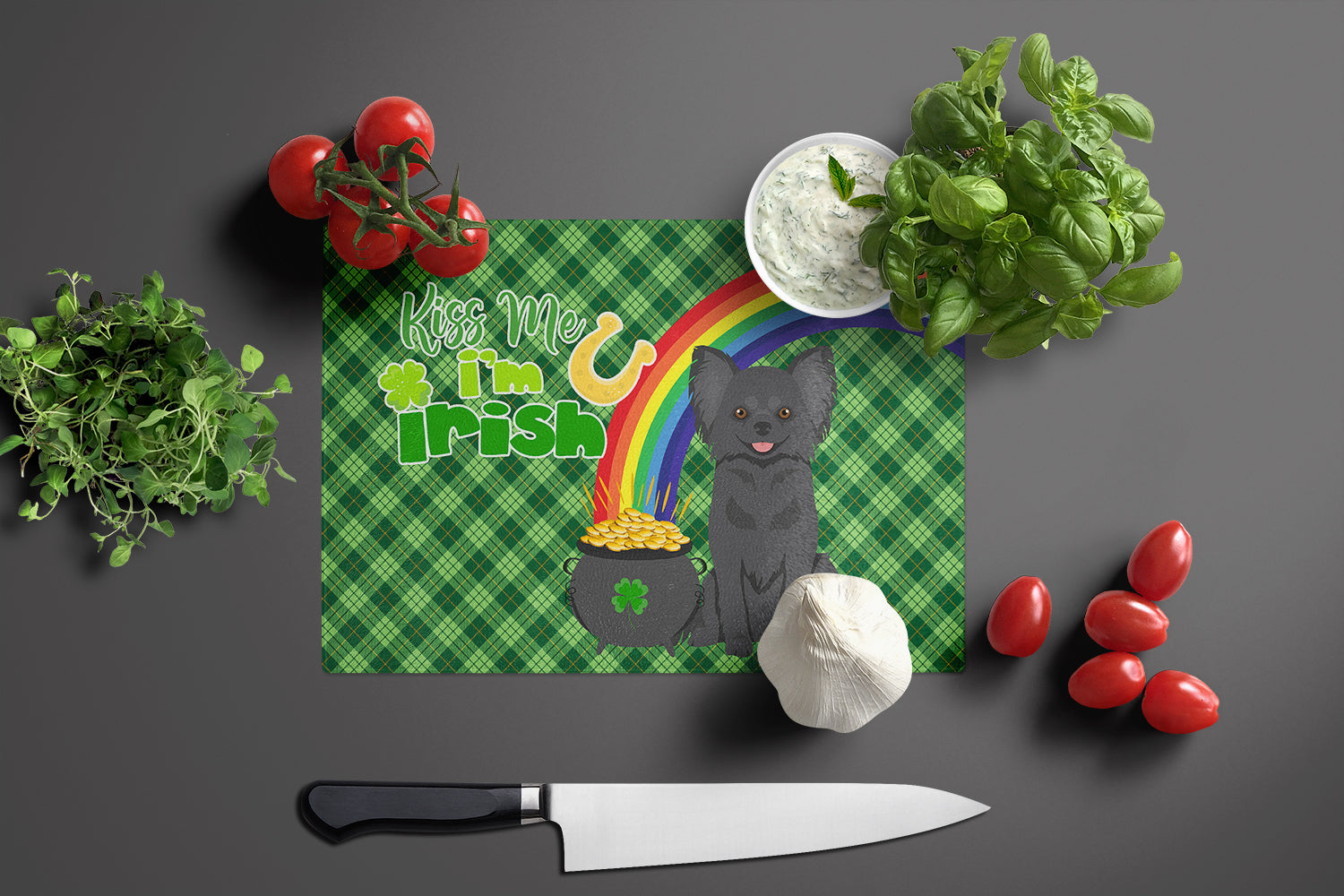 Longhaired Black Chihuahua St. Patrick's Day Cutting Board Tempered Glass Kitchen Cutting Surface, Heat Resistant Chopping, Non-Slip Feet, Food Prep & Serving