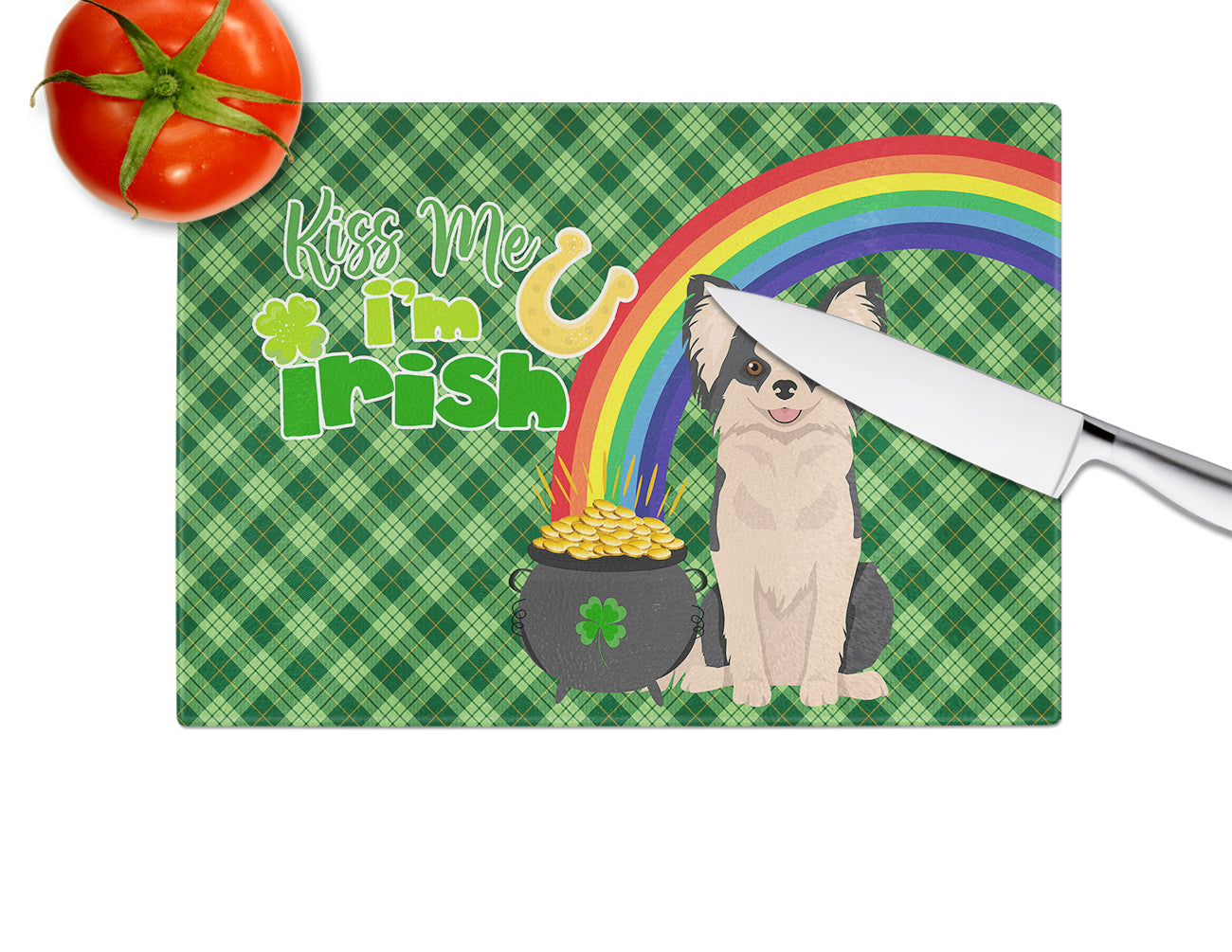 Longhaired Black and White #2 Chihuahua St. Patrick's Day Cutting Board Tempered Glass Kitchen Cutting Surface, Heat Resistant Chopping, Non-Slip Feet, Food Prep & Serving