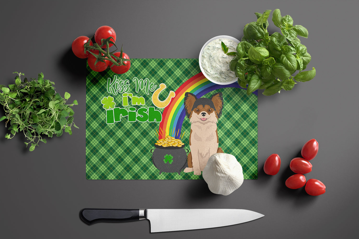 Longhaired Black and Red Chihuahua St. Patrick's Day Cutting Board Tempered Glass Kitchen Cutting Surface, Heat Resistant Chopping, Non-Slip Feet, Food Prep & Serving