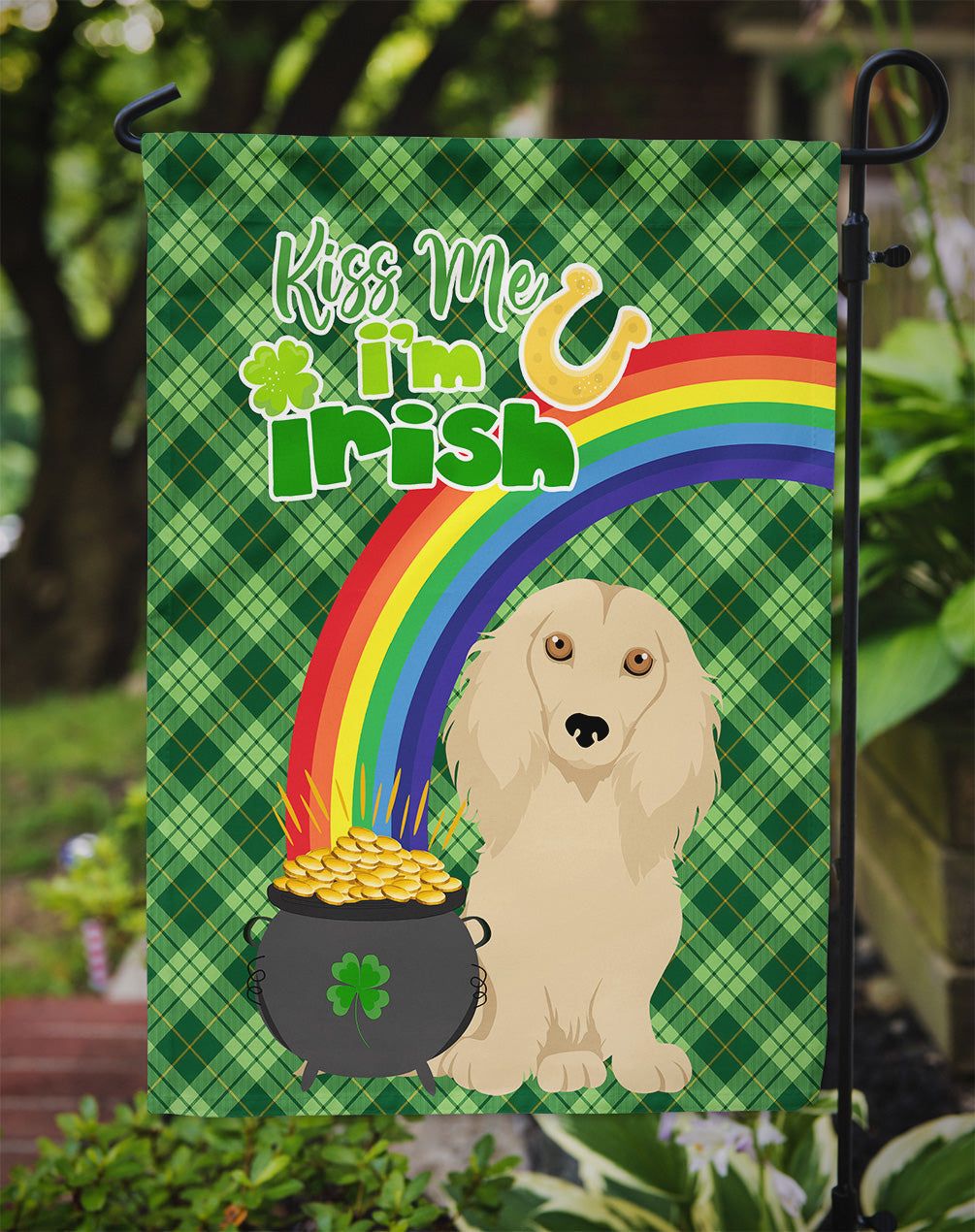 Longhair Cream Dachshund St. Patrick's Day Garden Flag Mailbox Decorative Yard Banner Outside Patio Artwork for Flower Beds, Garden Size, Multicolor