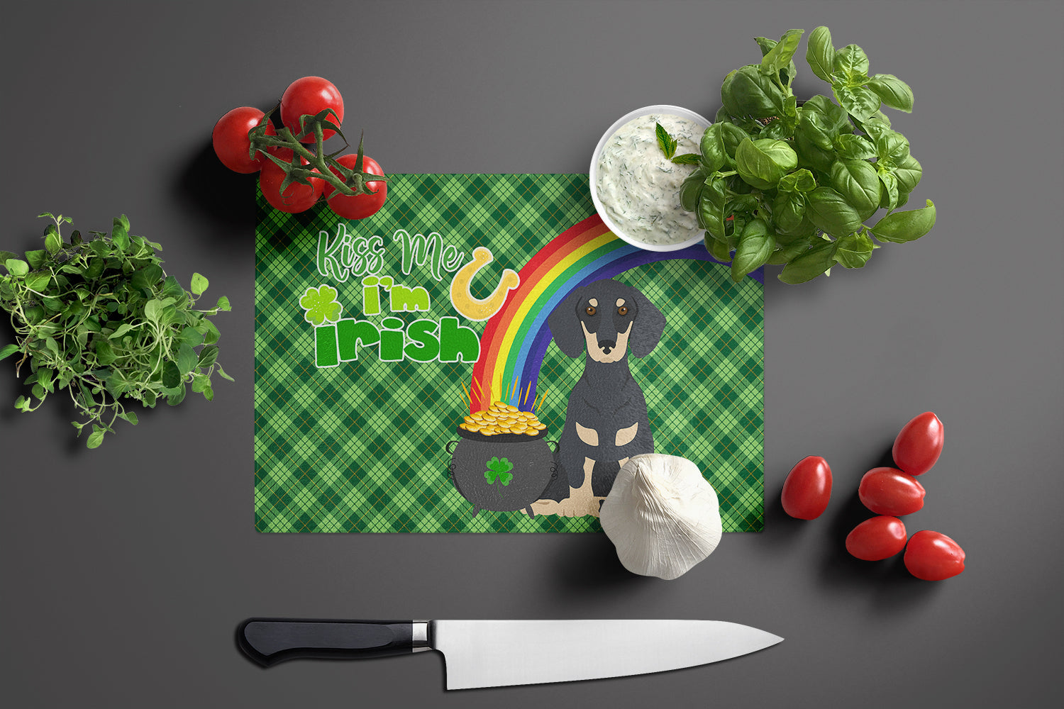Black and Cream Dachshund St. Patrick's Day Cutting Board Tempered Glass Kitchen Cutting Surface, Heat Resistant Chopping, Non-Slip Feet, Food Prep & Serving